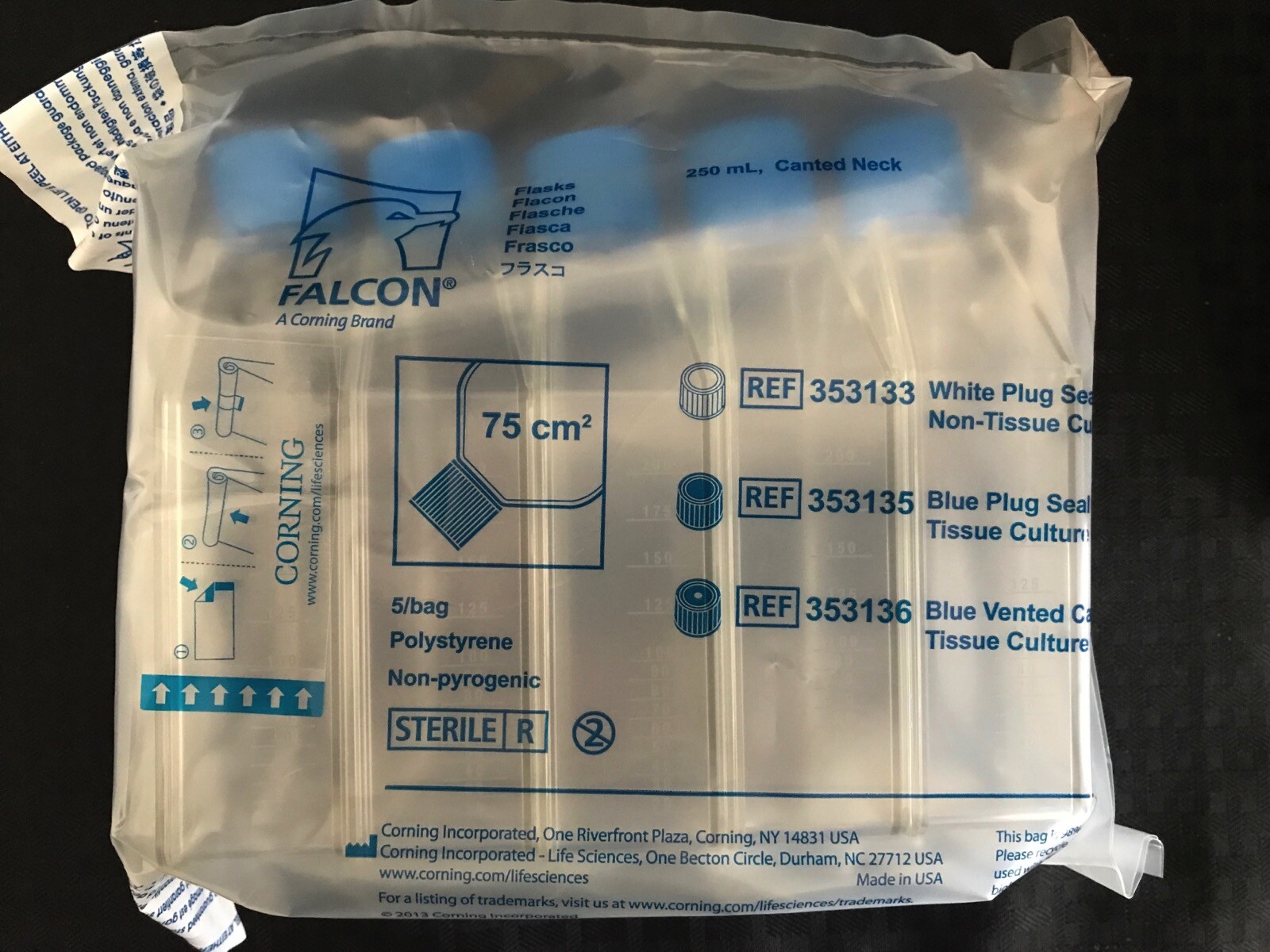 (60/Case) FALCON 75cm² Rectangular Canted Neck TC Treated Culture Flask 353135