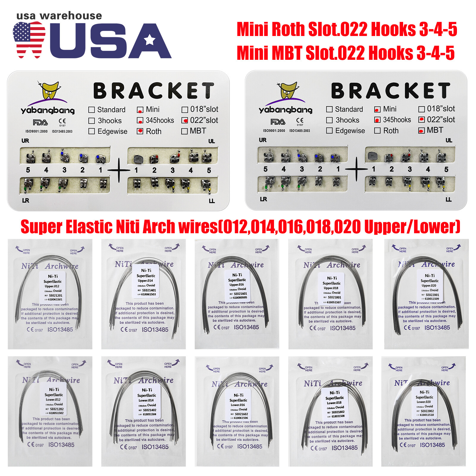 1/10packs Dental Orthodontic Brackets Braces /Supper Elastic Niti Arch Wires USA