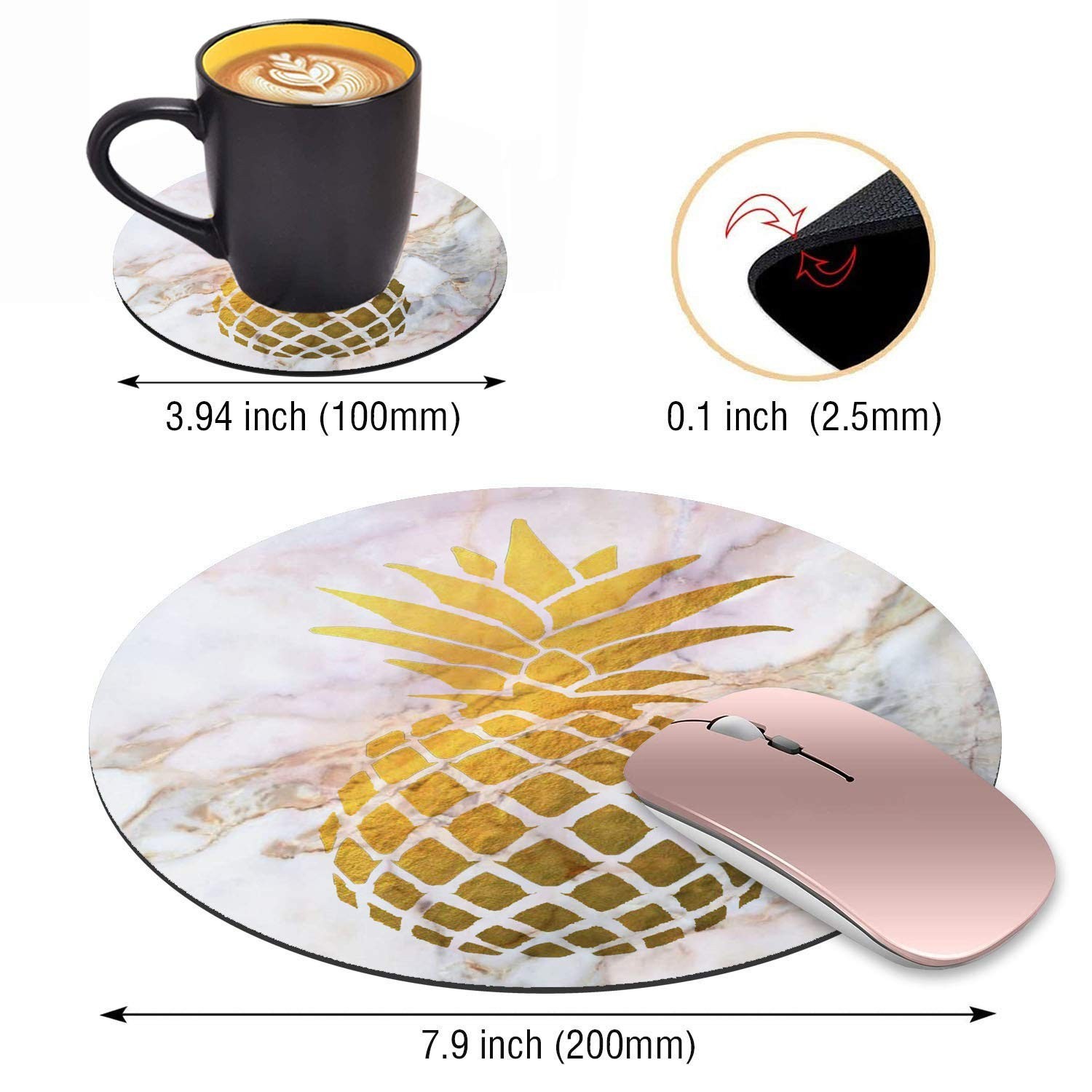 Round Mouse Pad with Coasters Set, Gold Foil Pineapple White Marble Design Mo…
