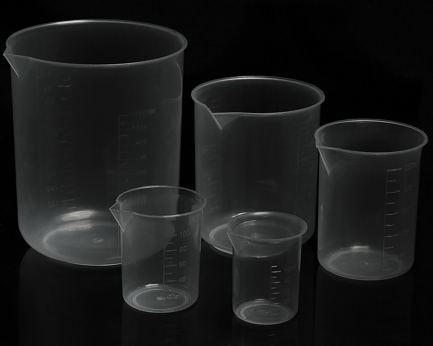 Labs Plastic Beakers Set Measuring Cups – 5 Sizes – 50, 100, 250, 500 and 1000ml