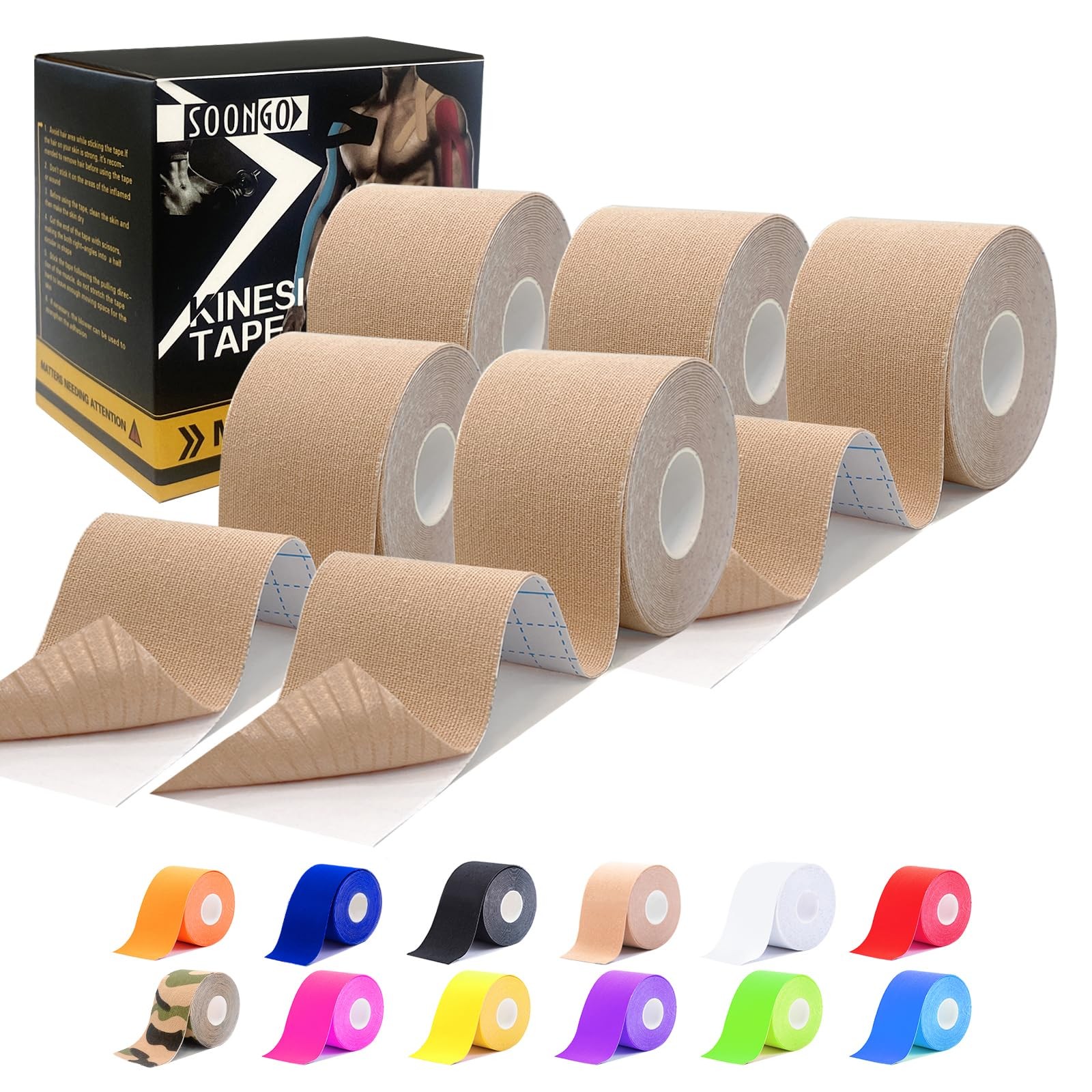 SOON GO Kinesiology Tape Pro 5 Rolls, 2 Inch High 5 Count (Pack of 1), Beige