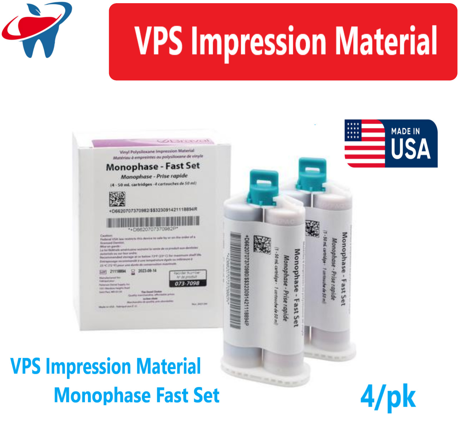 Dental Impression Material, PVS VPS Monophase Fast Set, 4/Box, USA, Ex 12:2026