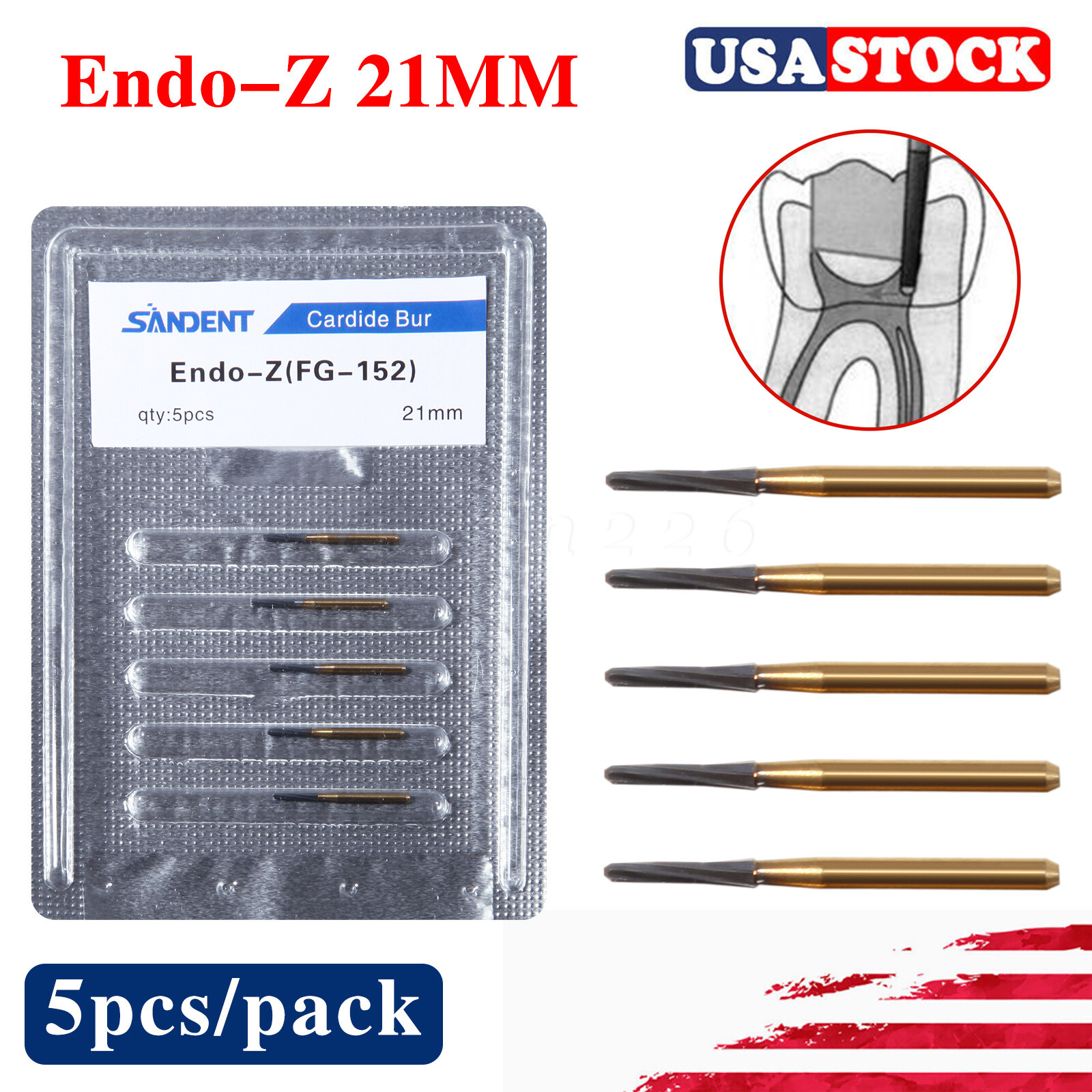 5PCS Dental Endodontic ENDO-Z Tungsten Carbide Burs FG Round Bur High Speed 21mm