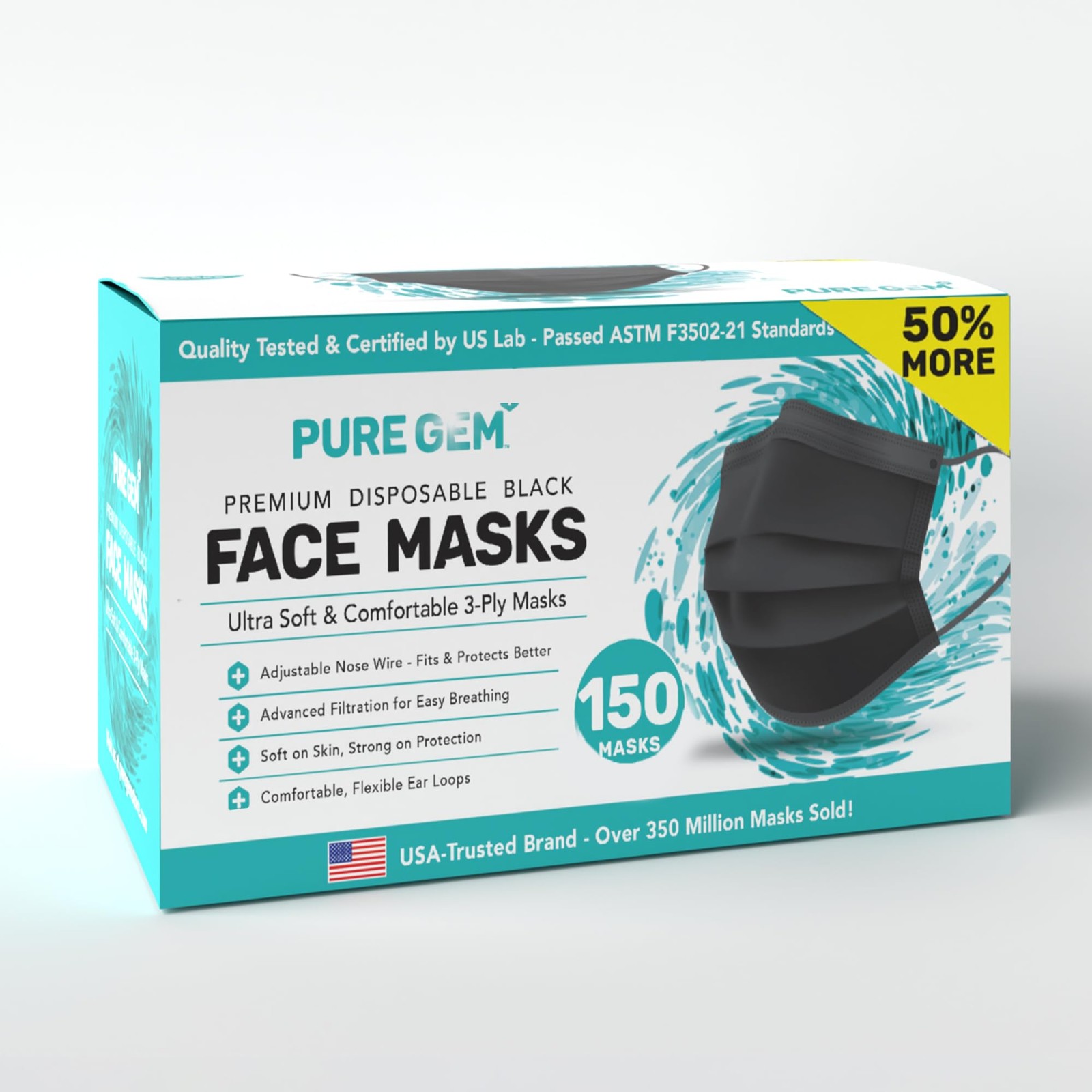 [Pack Of 150] Black Disposable Face Mask, 3-Ply 100 Count (Pack of 1),