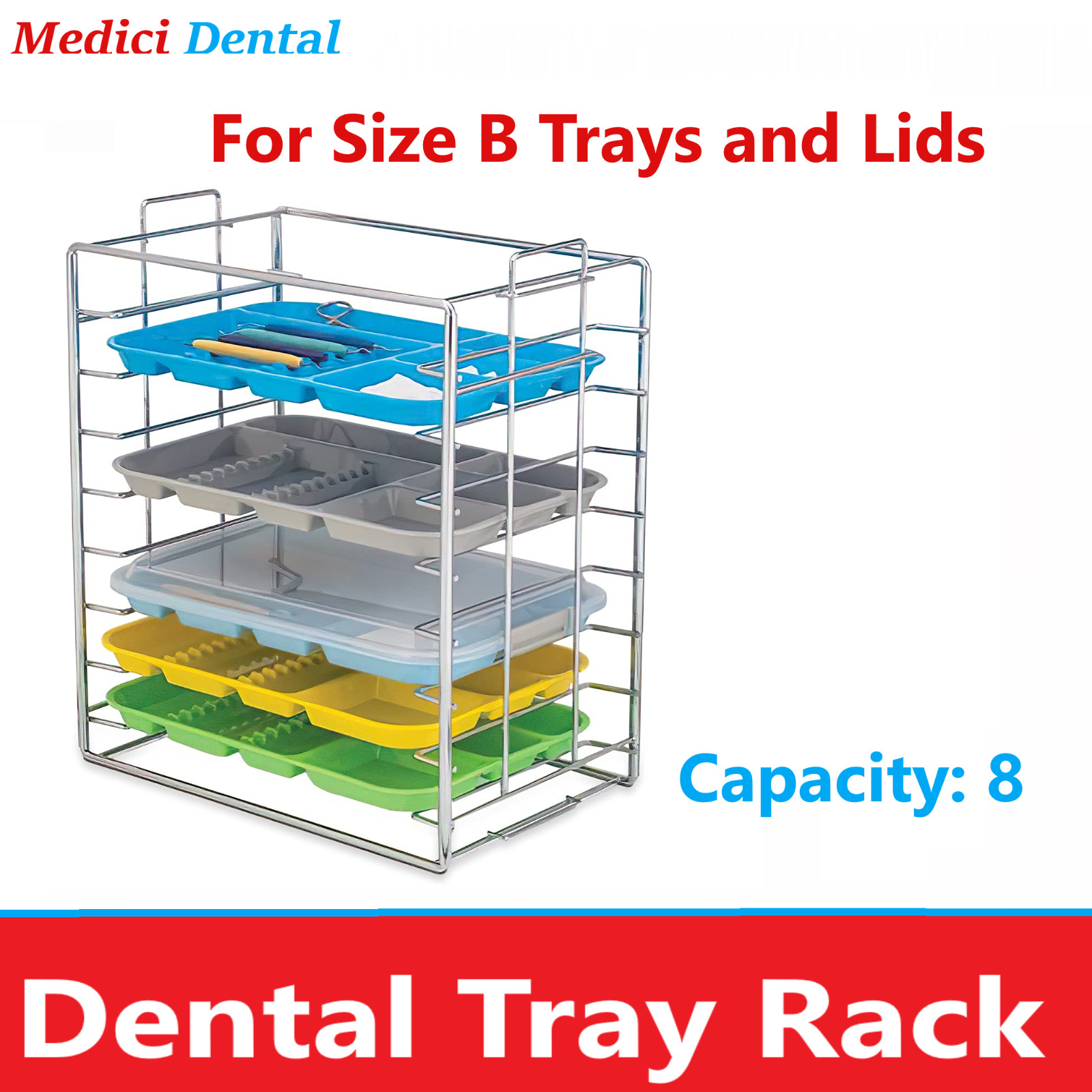 Dental Instrument Tray Rack for Size B Trays, Holds Trays with Lids, Capacity: 8