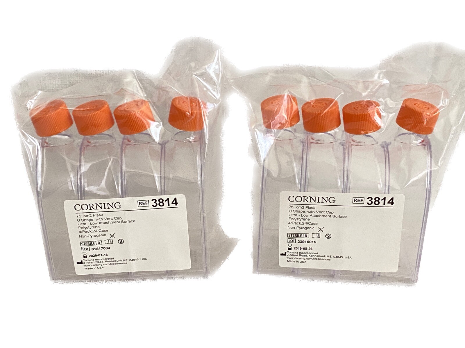 (8) CORNING 75cm² Ultra-Low U-Shaped Canted Neck Cell Culture Flasks Vent Caps
