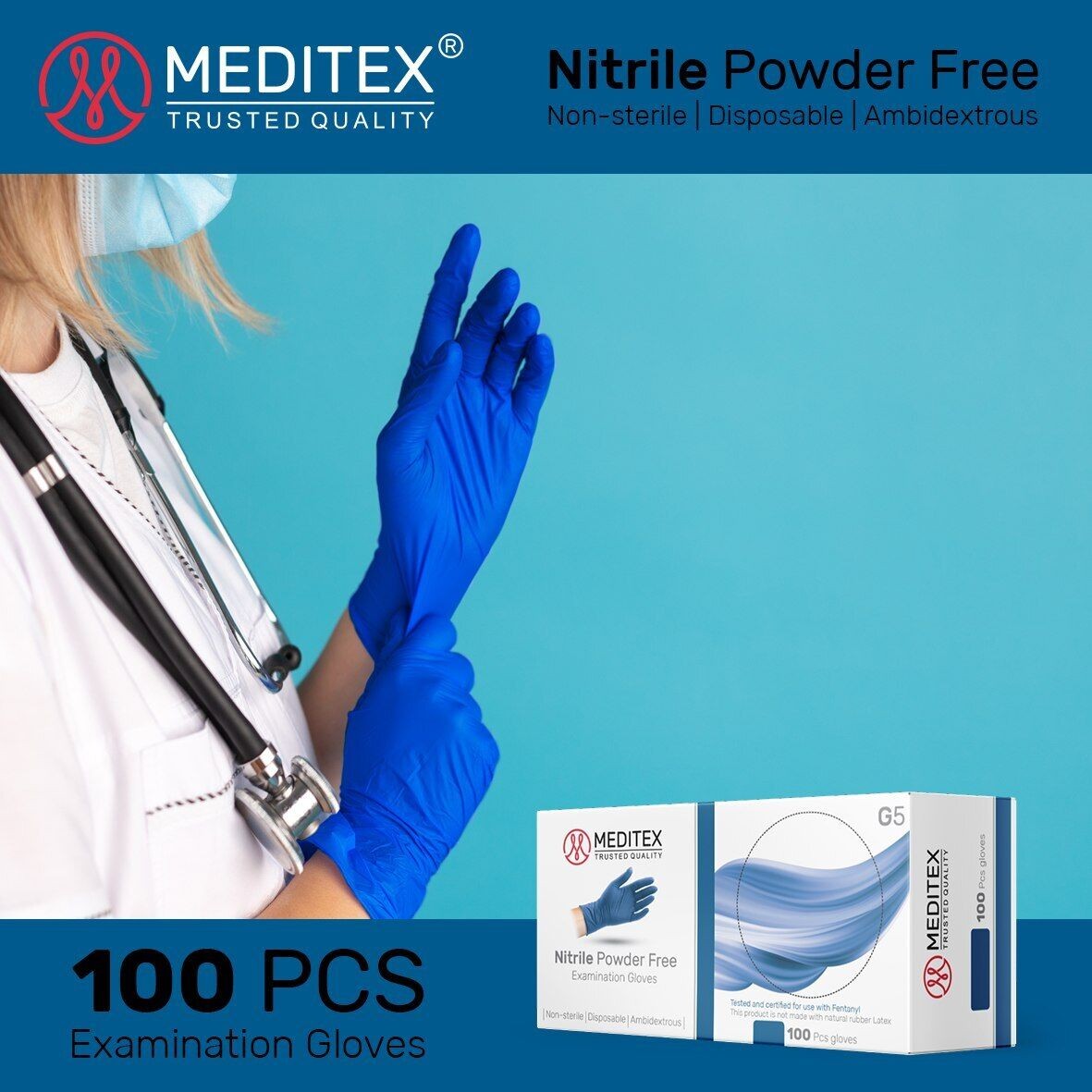 MEDITEX® Exam Nitrile Disposable Gloves Blue Powder-Free 4mil 2000 PCS