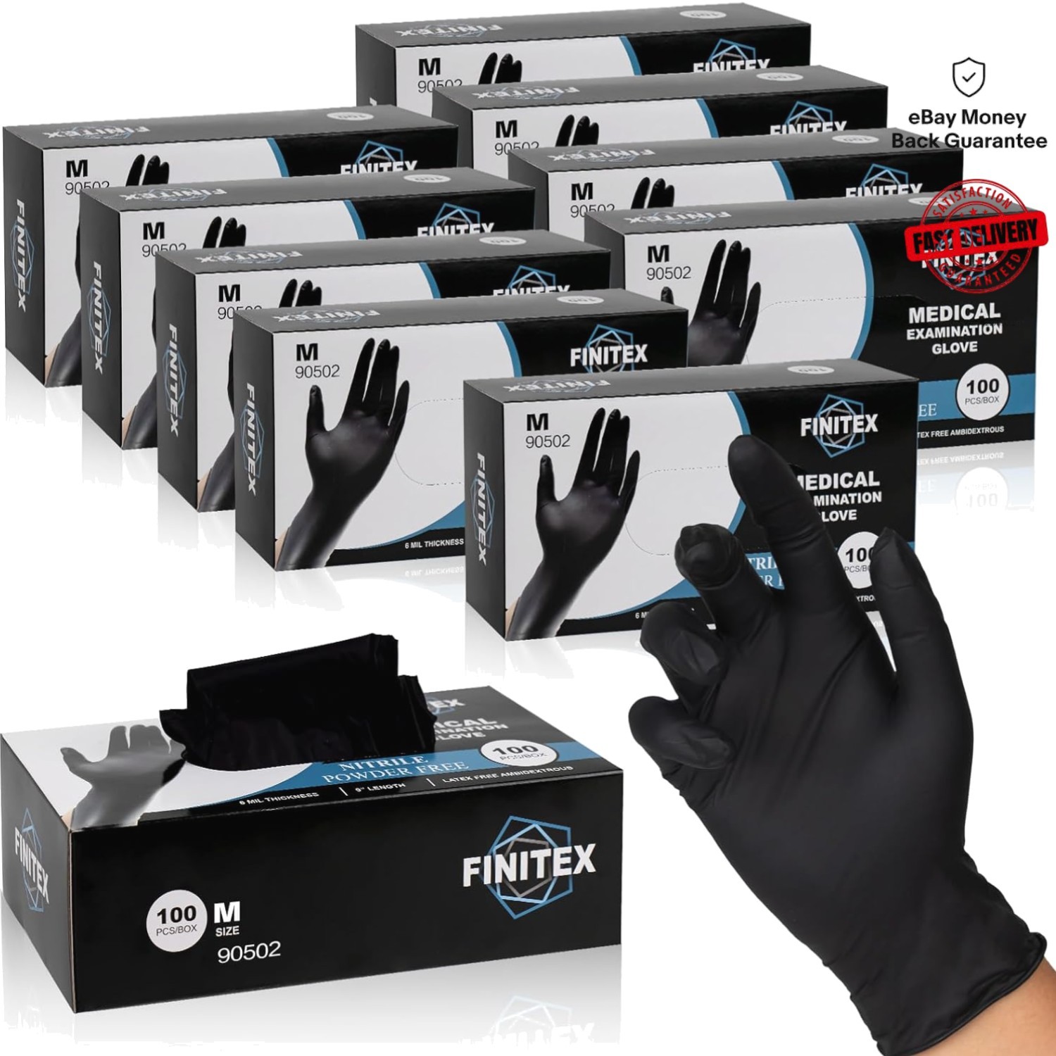 1000 PCS of 6.3mil Black Nitrile Gloves – Puncture Proof & Food Safety Certified
