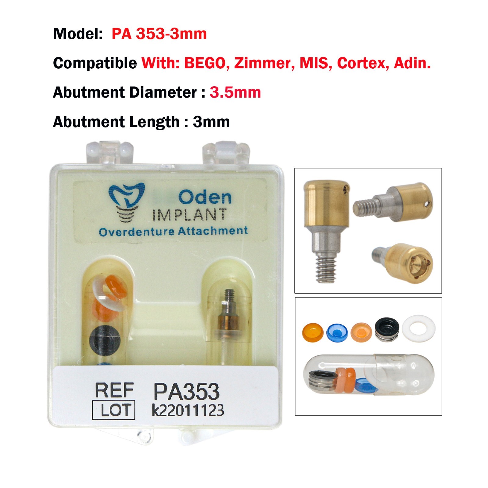 Dental Zimmer MIS Adin PA Ø3.5/4.5mm Abutment & Overdenture Male Caps Removable