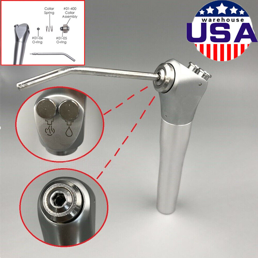 Dental 3 Way Air Water Syringe Triple Spray Handpiece with 2 Nozzles Tips Tubes