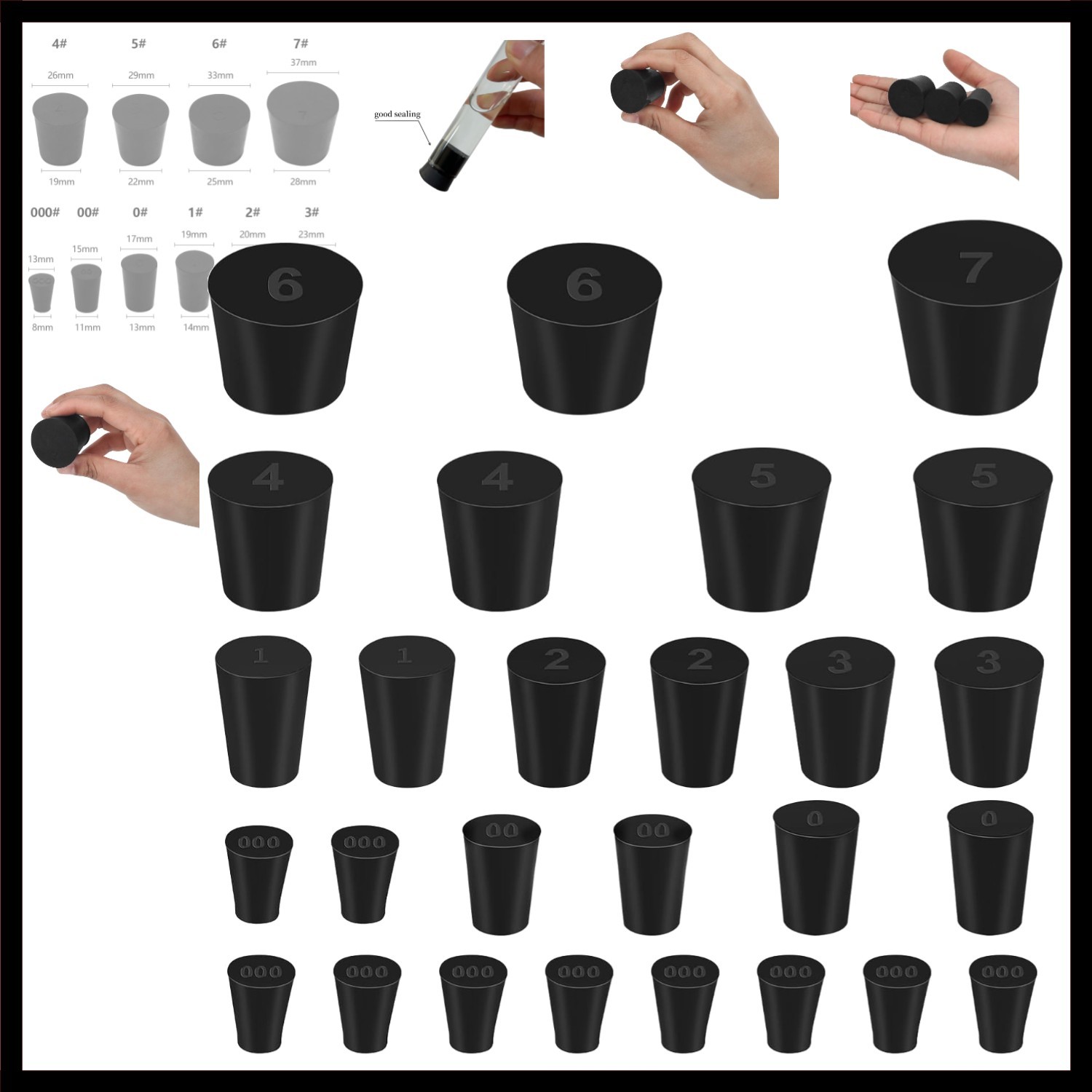 27 Pack 10 Assorted Sizes – Tapered Lab Bungs Solid Rubber Stoppers