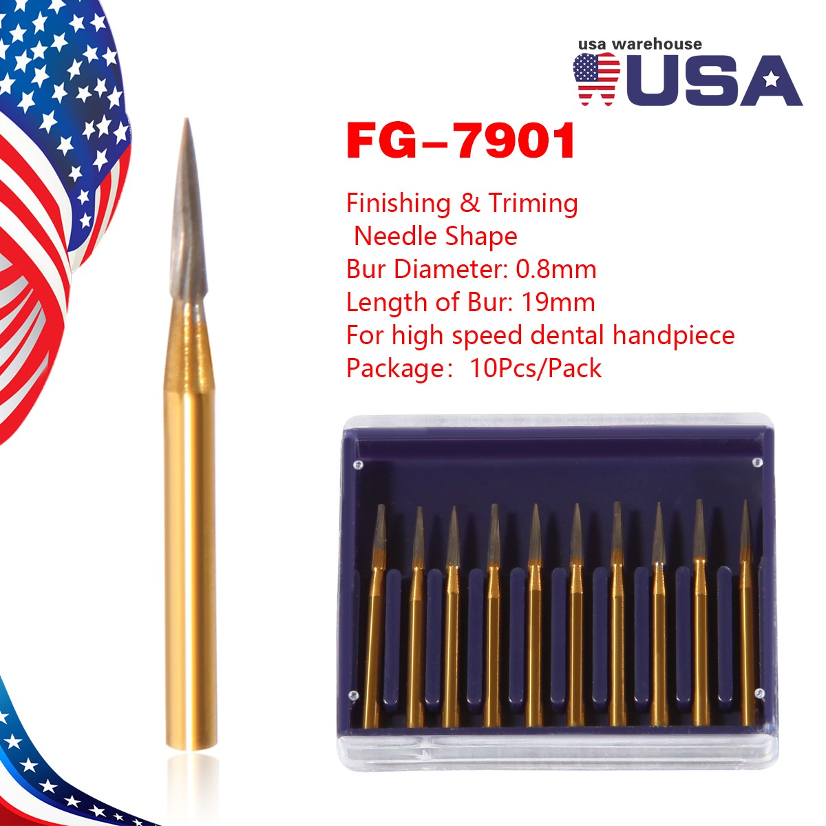 Dental Burs 19mm Carbide Bur Friction Grip FG For High Speed 10Pcs Pack