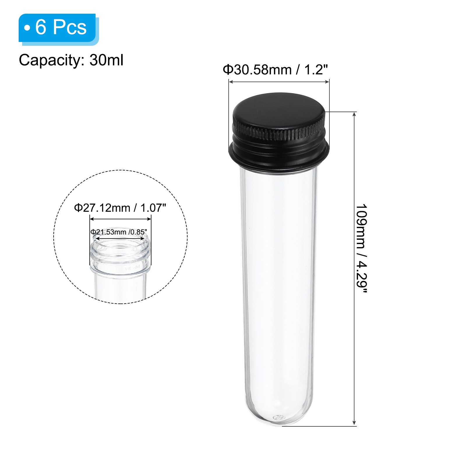 6 Pack 30ml Plastic Test Tubes with Screw Caps 109x27mm Tubes Black