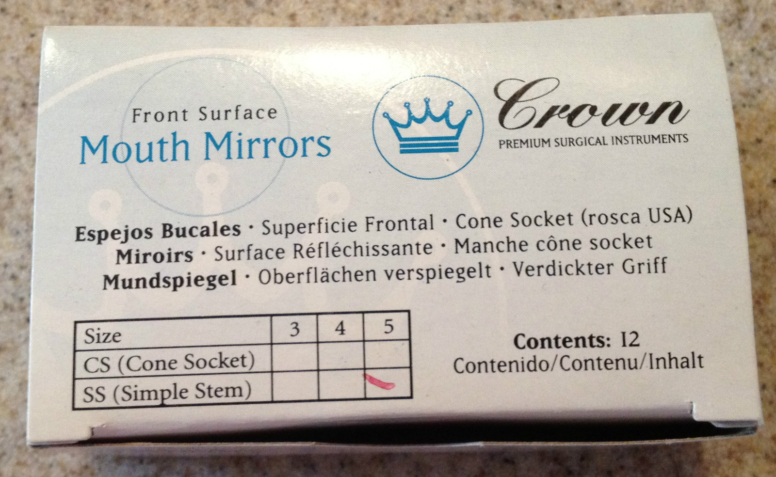 Front Surface Mouth Mirrors Simple Stem # 05 BOX /12 By Crown Made in Argentina