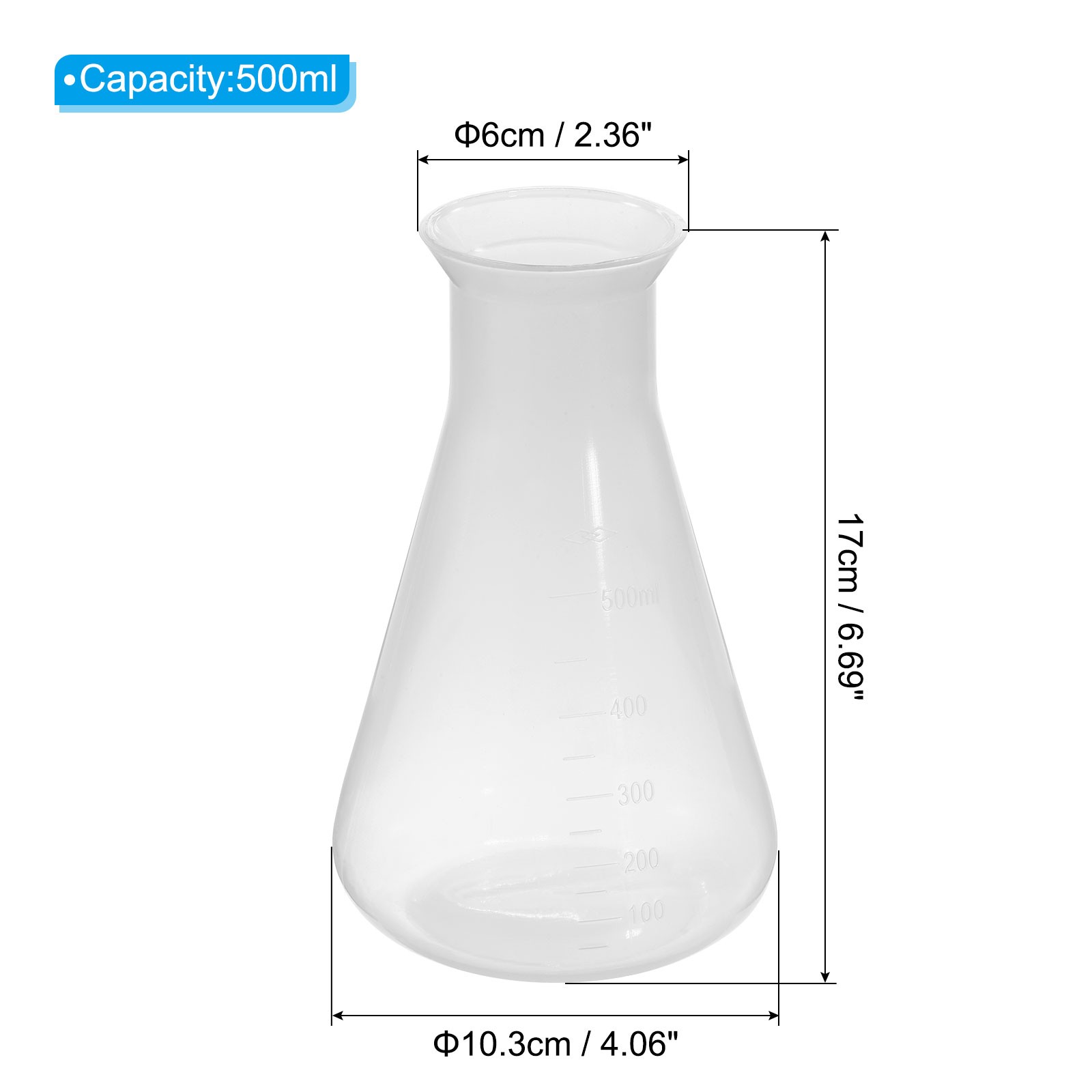 500ml Plastic Erlenmeyer Flask, 2 Pack Wide Mouth Conical Flask
