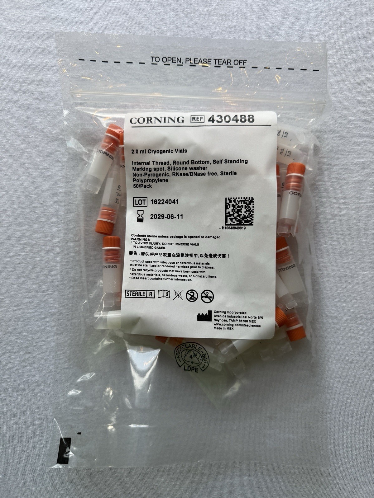 CRYOGENIC TUBES – Corning 430488 PP Vial 2 mL Self-Standing Round bottom – 50/PK