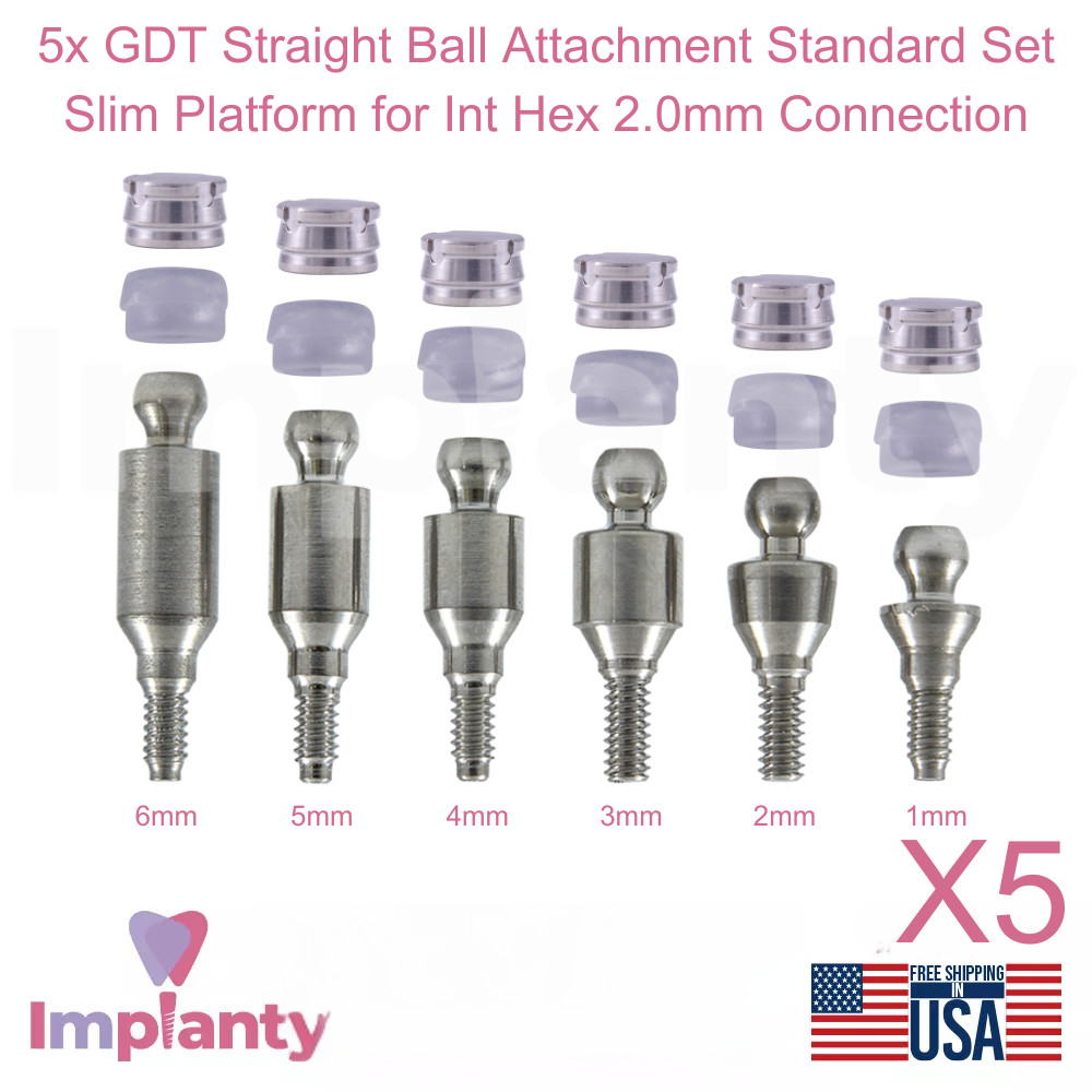 5x Dental Straight Ball Attachment Standard Set Slim Platform Int Hex 2.0mm