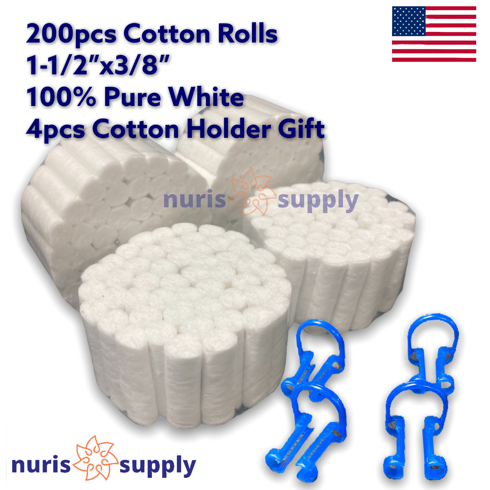 200pcs #2 Dental Cotton Rolls 100% Pure White High Absorbency + 4pcs Holder Gift