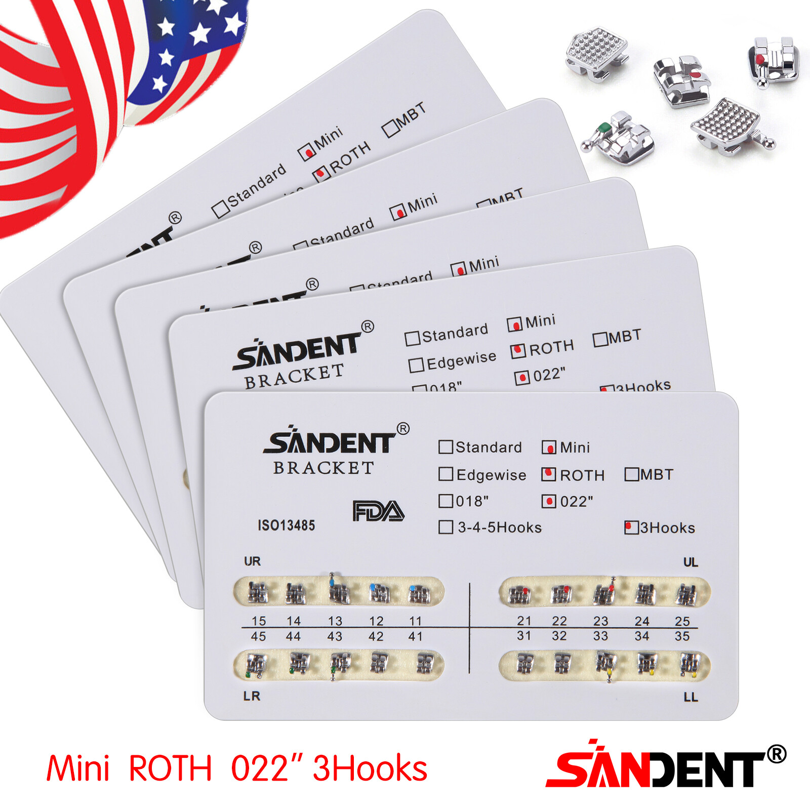 200Pcs Dental Ortho Brackets Braces Mini Roth Slot.022 3-Hooks Metal #3