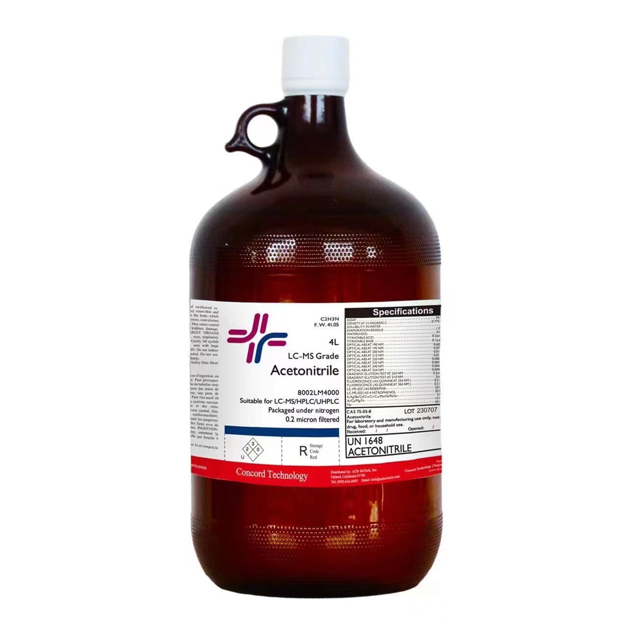 Acetonitrile, LC-MS, UPLC, ACS, 99.9% Min, 4-Liter