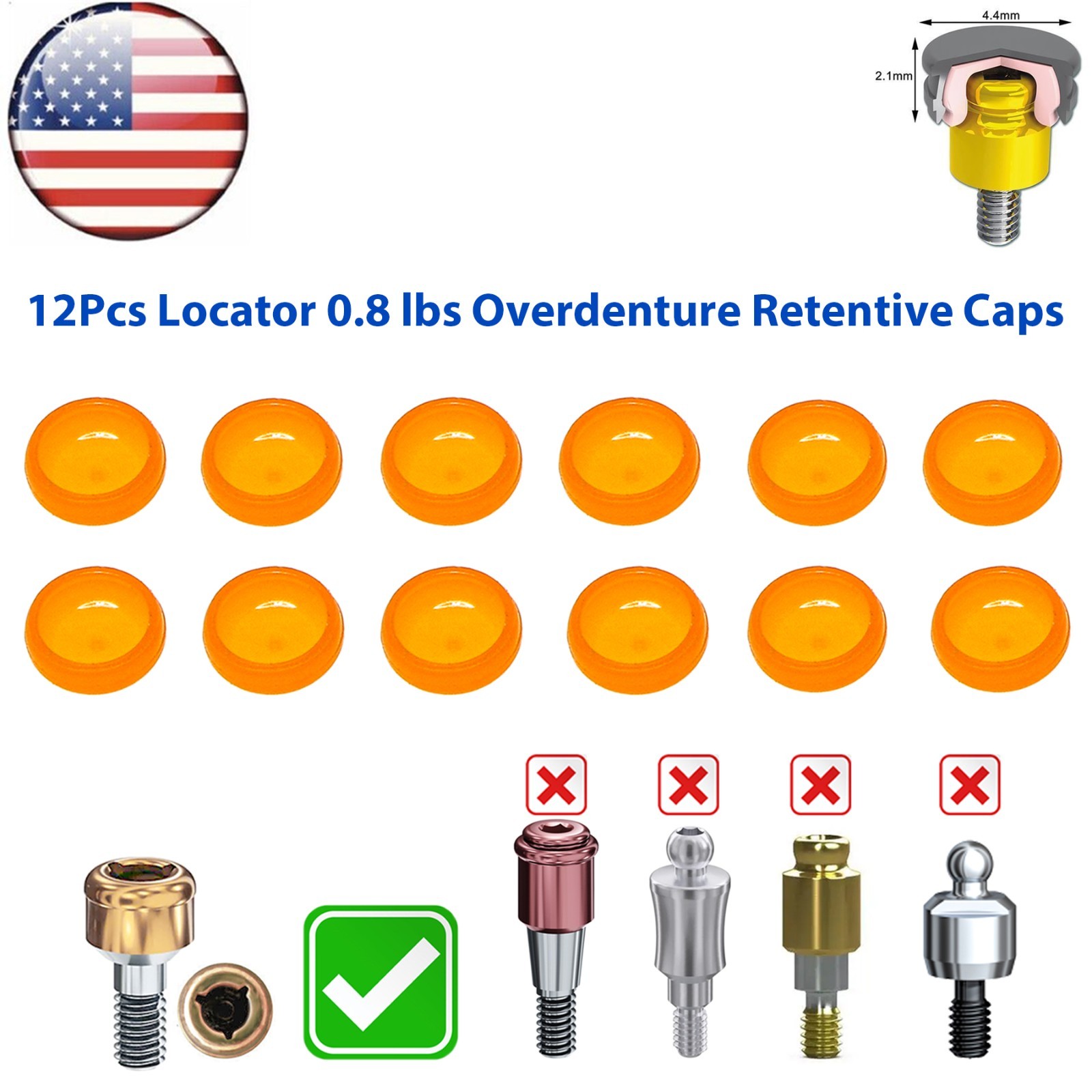 US Overdenture Locator Universal Implant Soft Retention Caps 0.8lbs Yellow Peek
