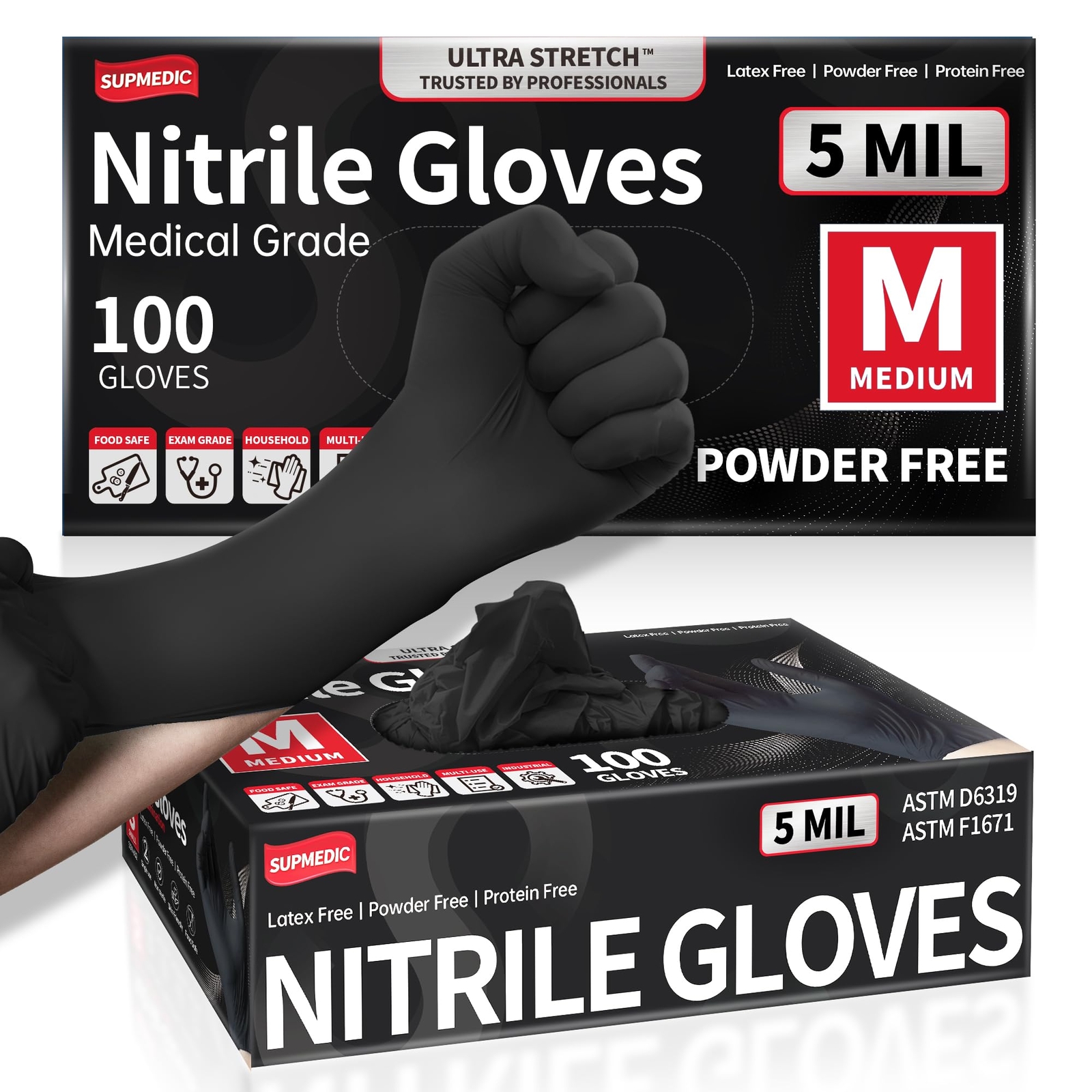 Black Nitrile Exam Gloves 5 mil Thick Chemical Resistant 100 Pcs Medium Size