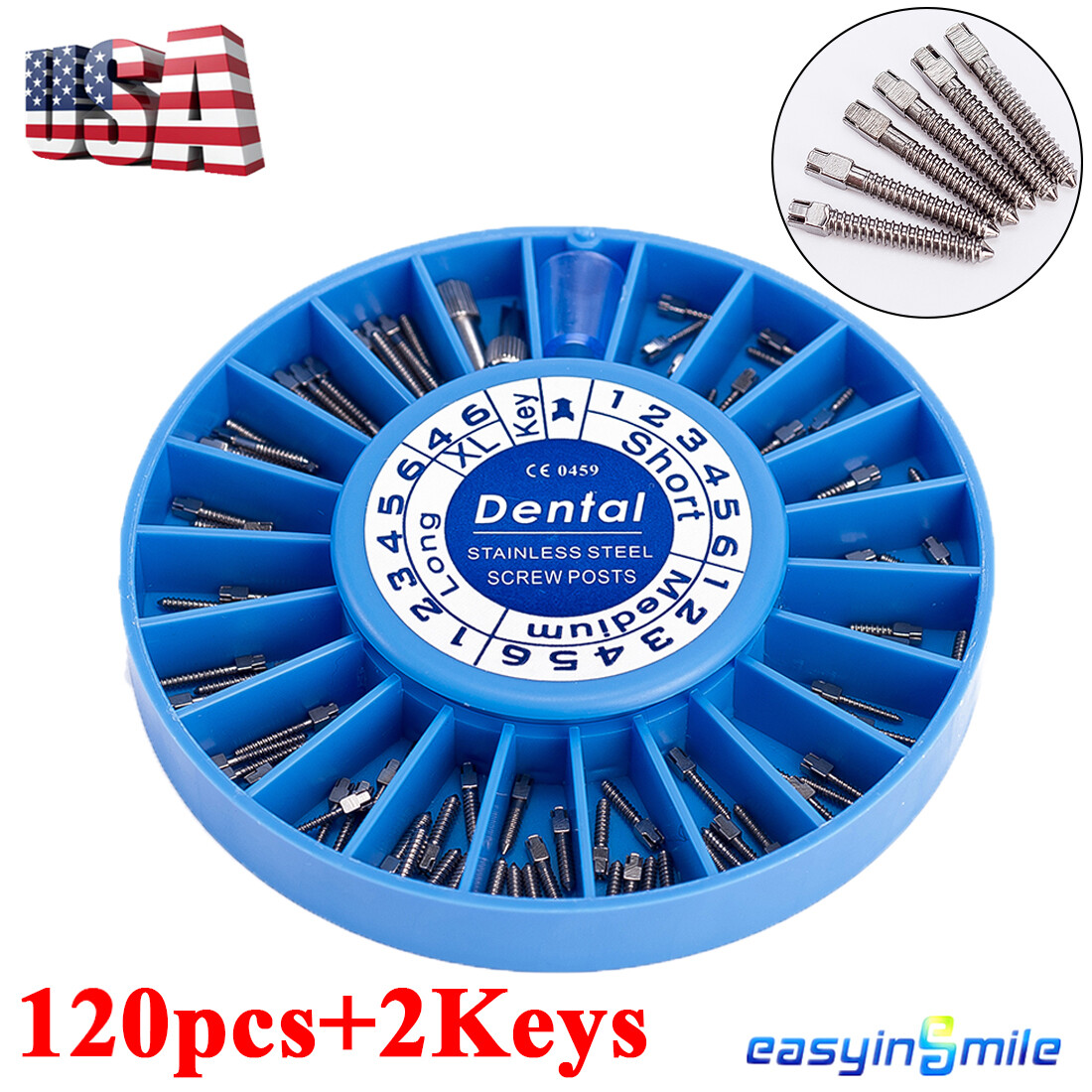 Dental Stainless Steel Screw Posts Conical Screw Kits Endo Drill 100pcs+2Keys