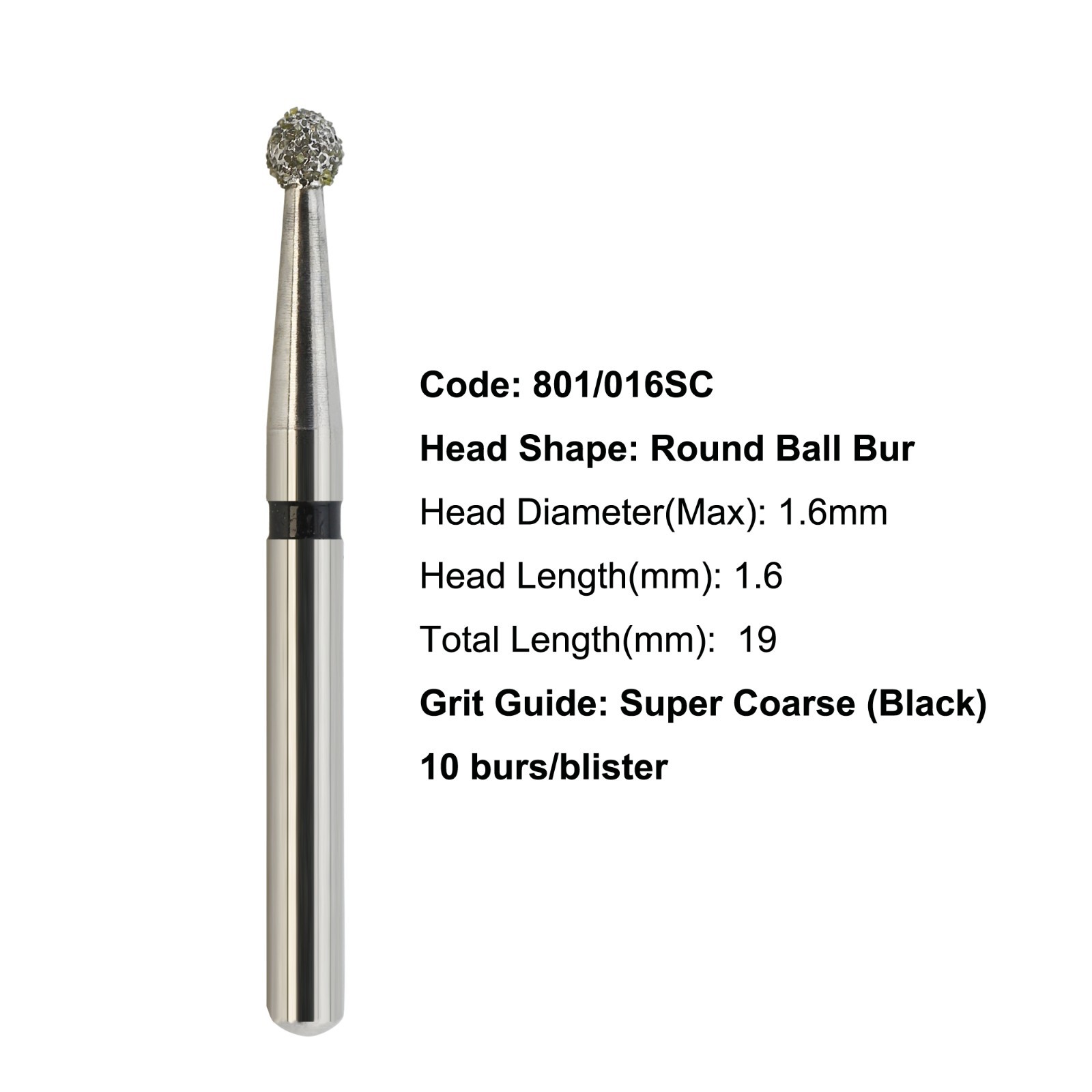 Multi-Use Diamond Burs Round Ball 801/016SC Coarse Grit Friction Grip High Speed