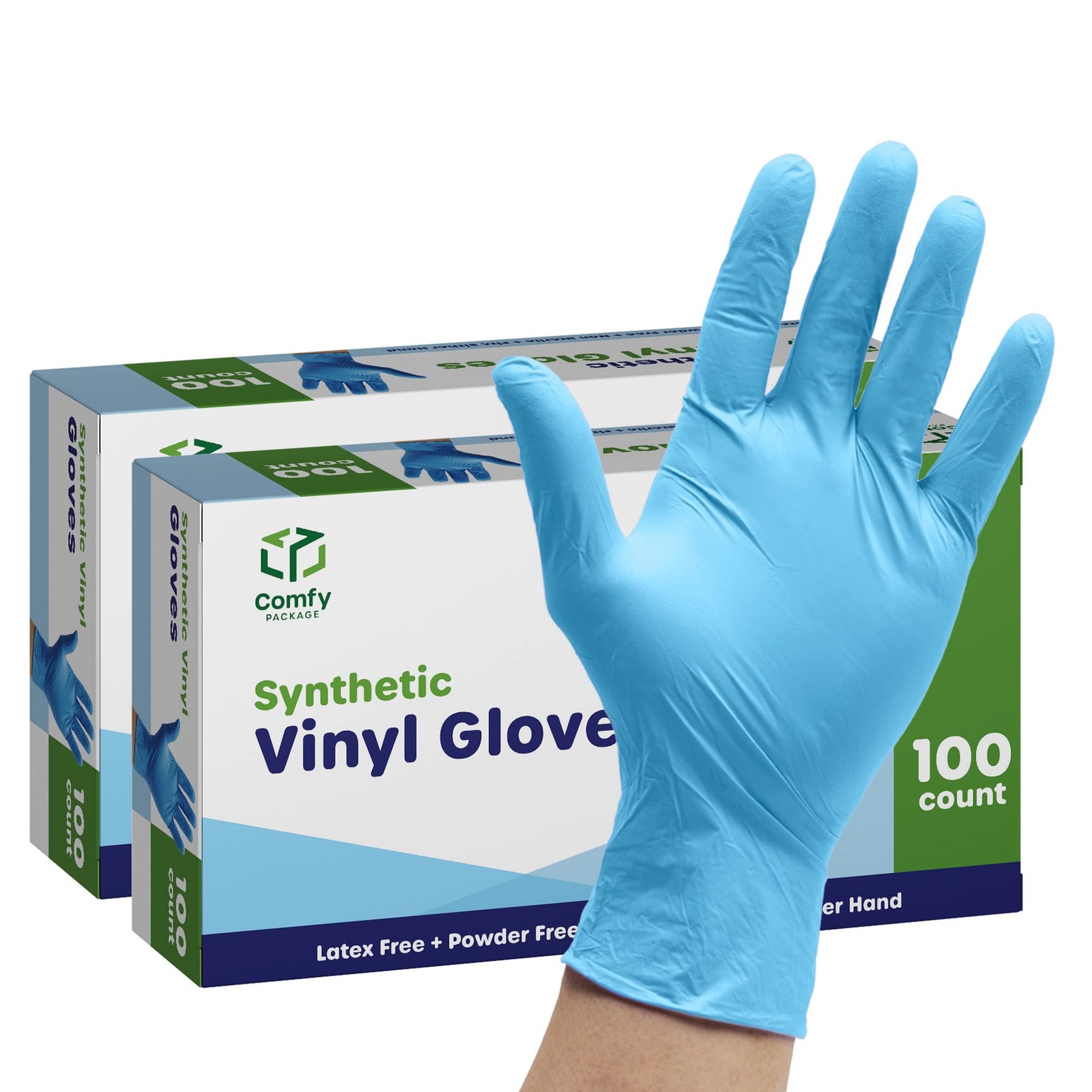 Comfy Package Synthetic Vinyl Disposable Gloves [200 Count] Large, Light Blue
