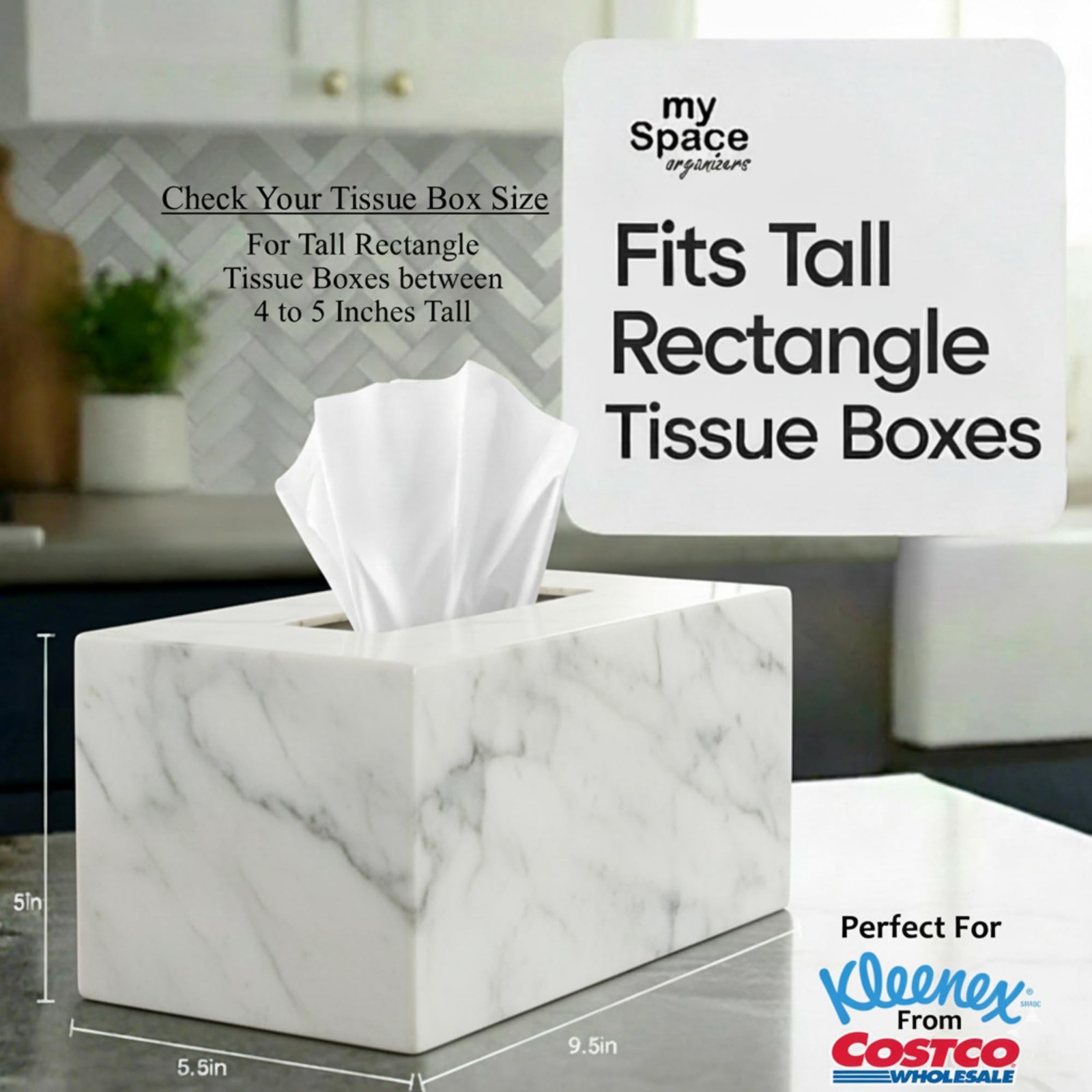 Marble Acrylic Rectangular Tissue Box Cover Holder – White – Fits Kleenex