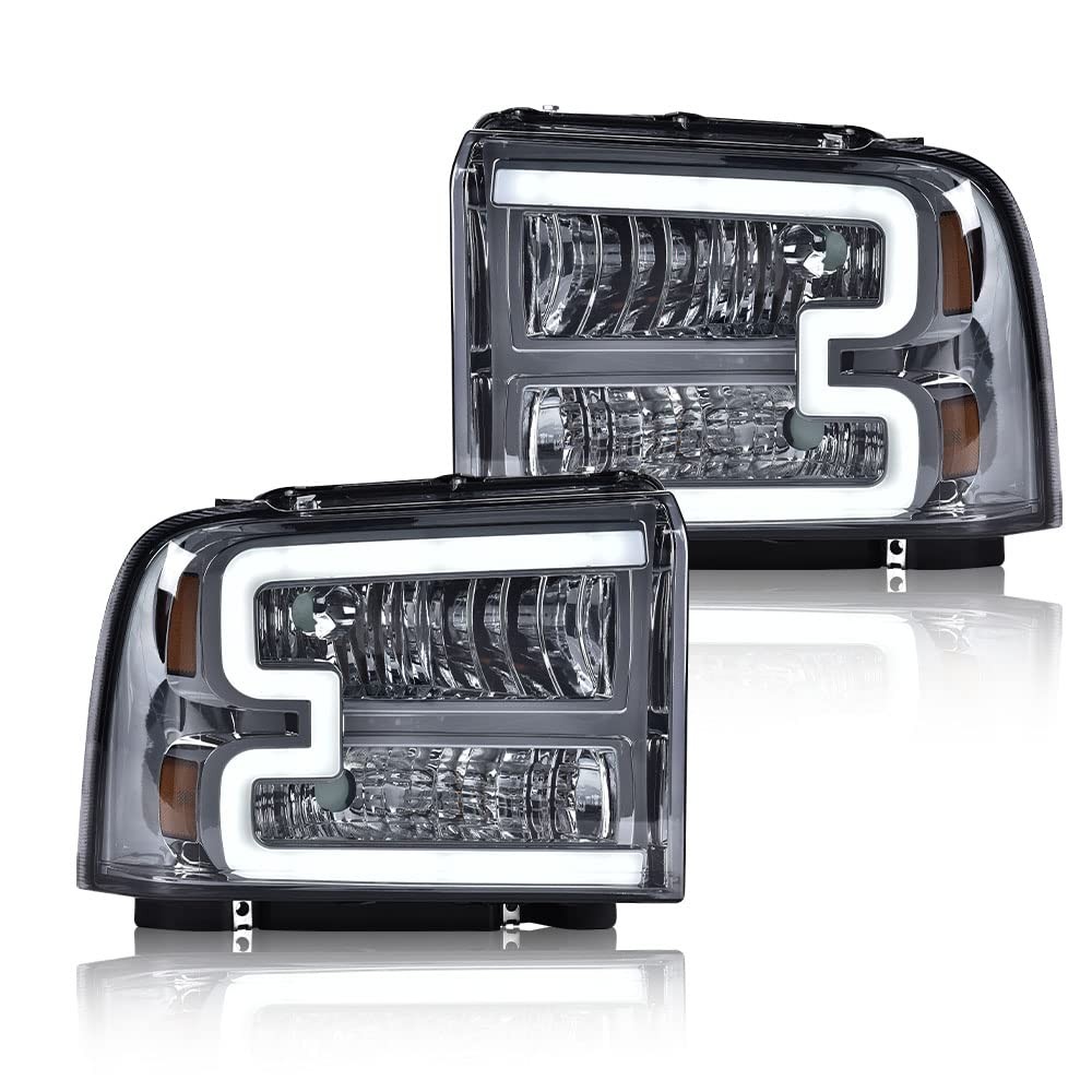 05-07 Ford F250 F350 F450 F550 Headlights LED DRL Bar Smoky Lens Chrome Amber