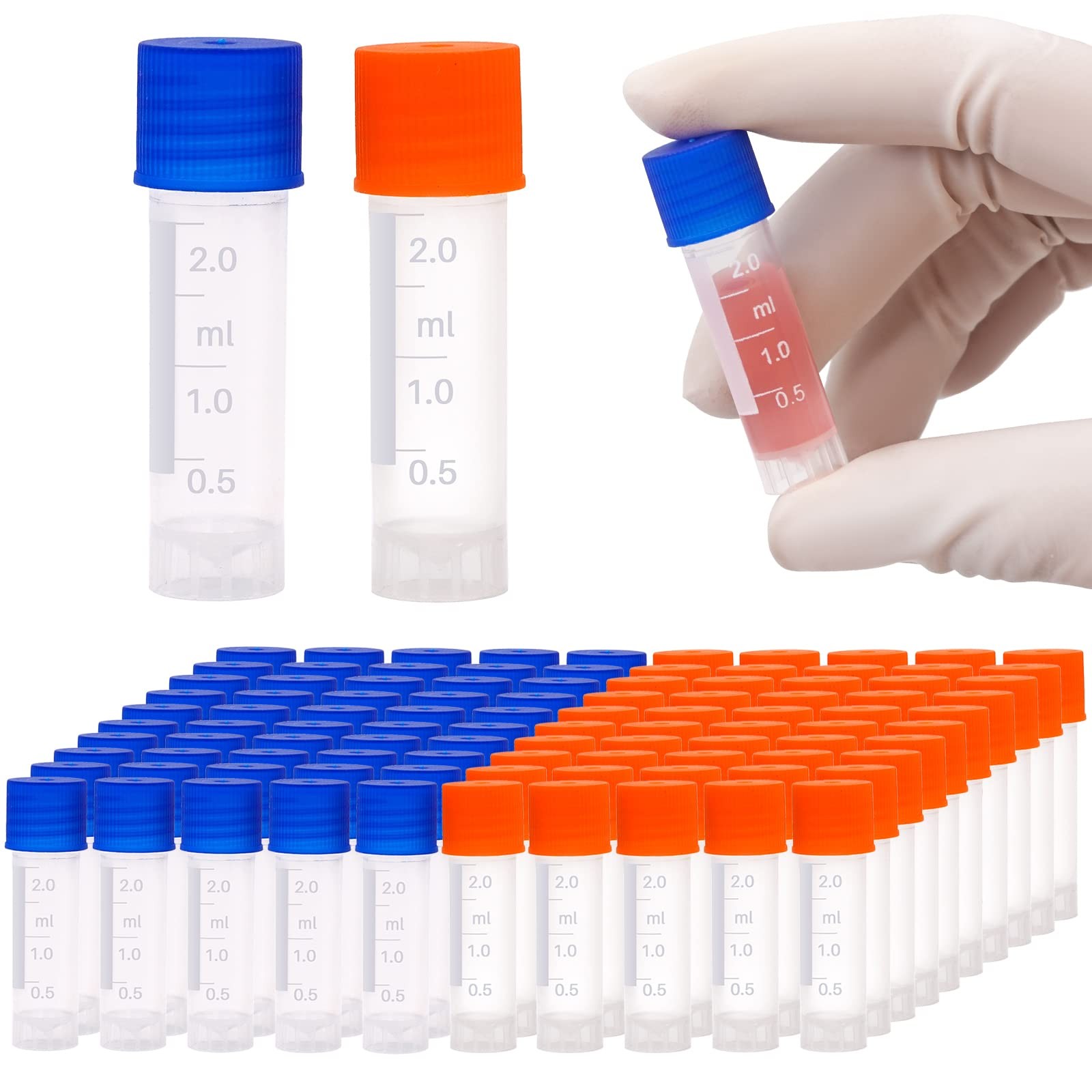 NAOEDEAH 100 Pcs 2ml Plastic Vials with Caps – Lab & Test Blue, Orange