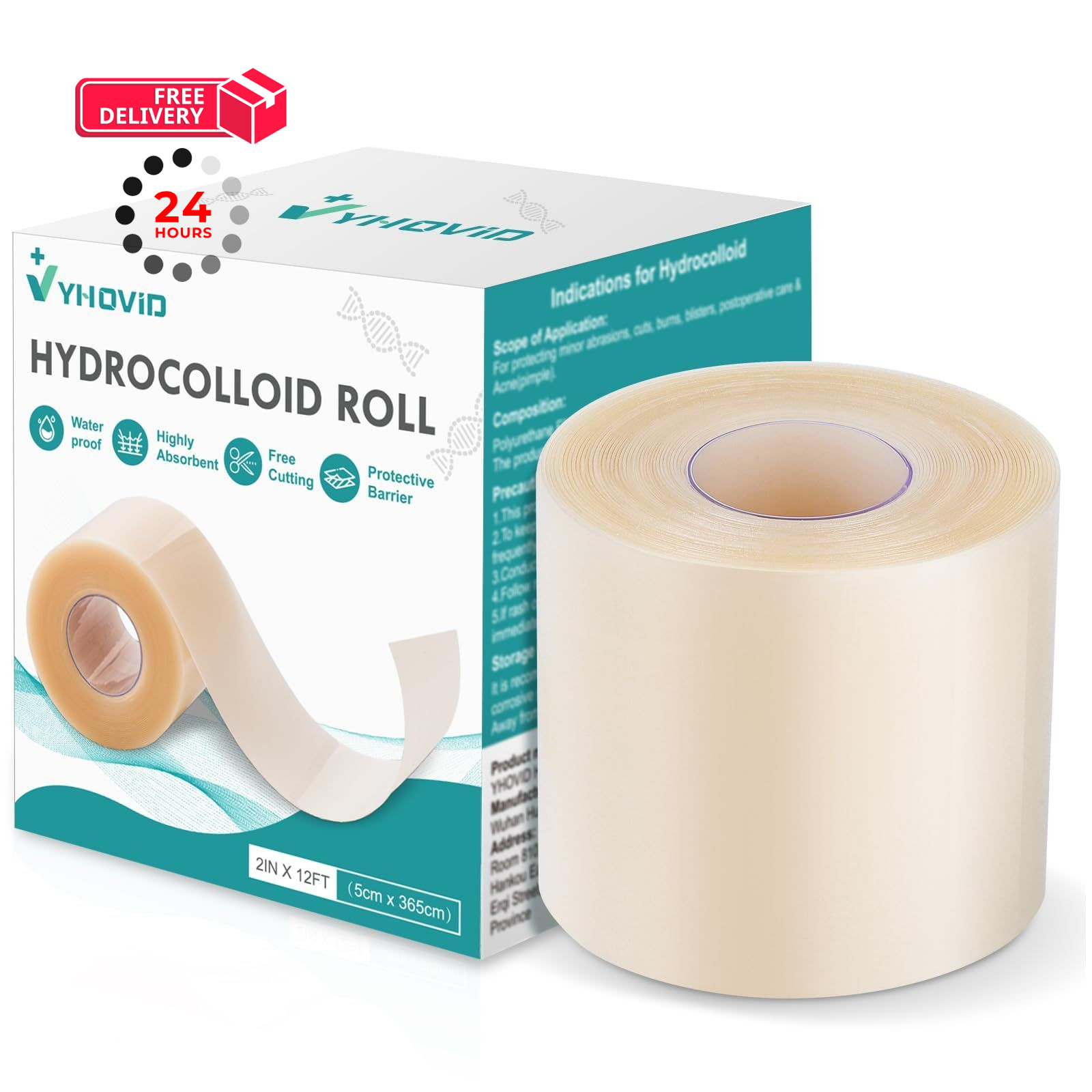 Hydrocolloid Roll for Wound Care, Patch 2in x 12ft, Transparent