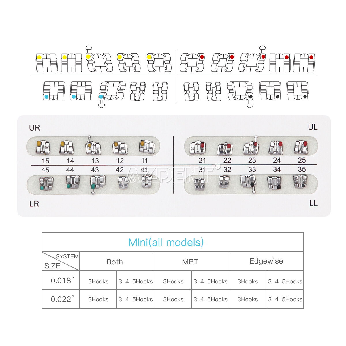 AZDENT Dental Ortho MINI Self-Ligating Brackets Brace 0.022″-Roth/ MBT Hooks 345