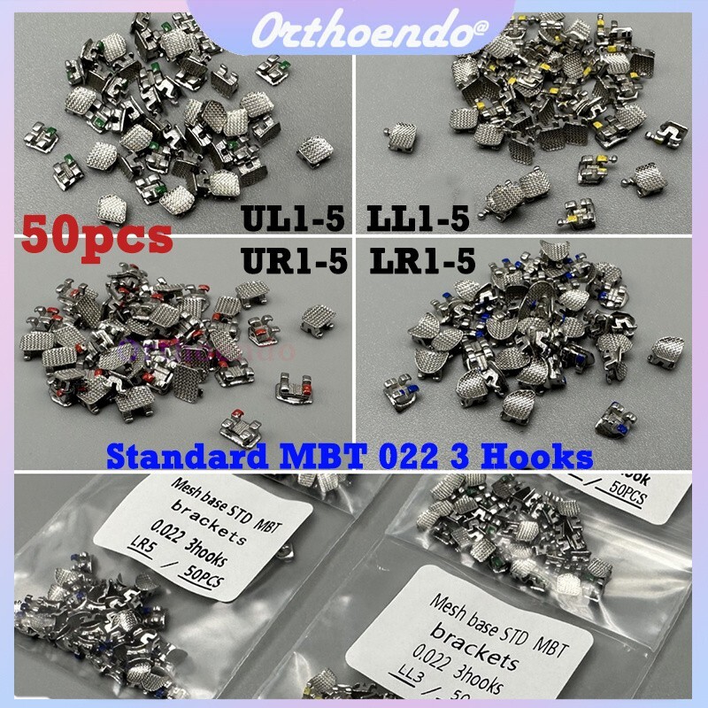 50pc Dental Ortho Metal Brackets Braces Standard MBT 022 3 Hooks UL,UR,LL,LR 1-5