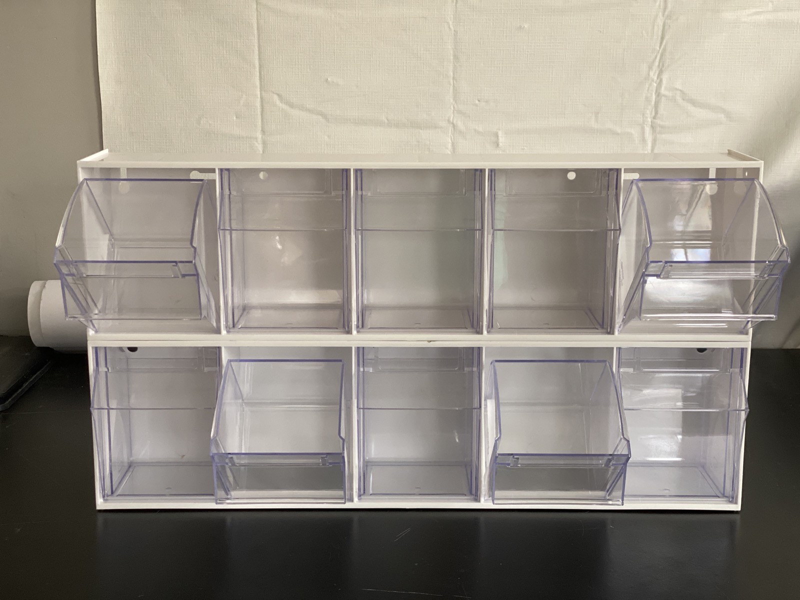 Used (2) QUANTUM 5-Compartment Tip-Out Bin Organizer White 23-3/4” L QTB305