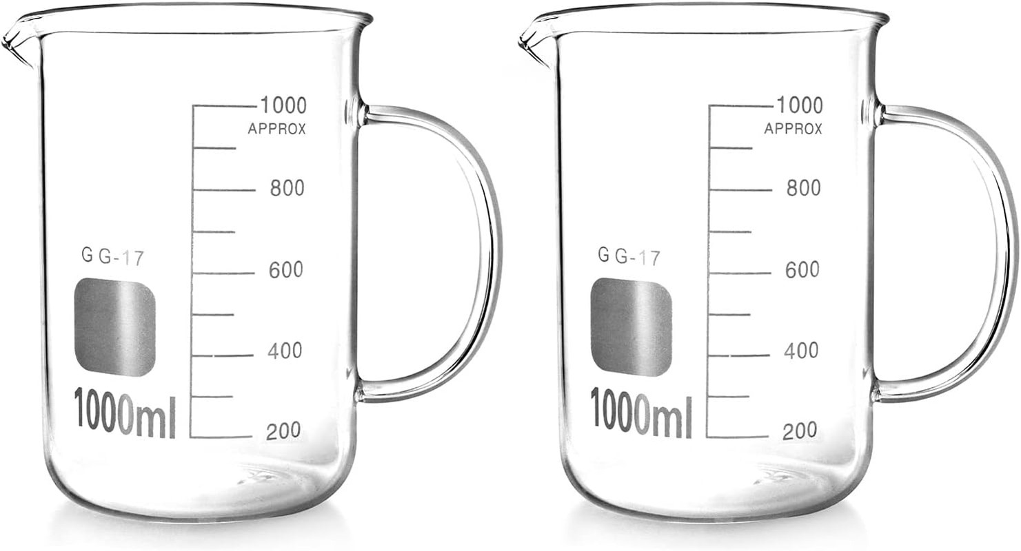 1000 mL Borosilicate Glass Beaker Mug with Handle & Spout, Measuring Cup, 2 Pack