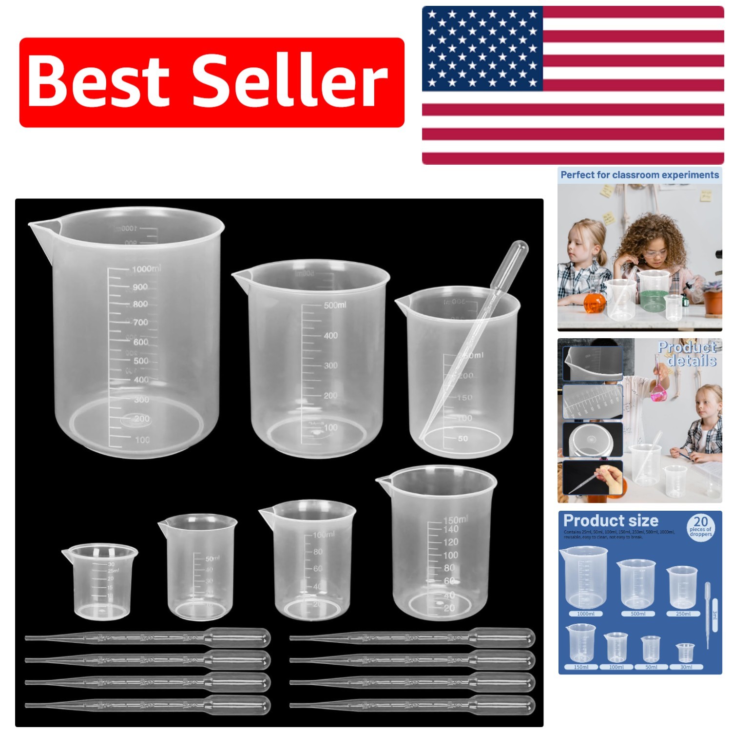 Clear Measuring Beaker Set – 30ml to 1000ml with 20 Droppers for Laboratories