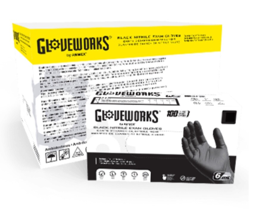 Gloveworks® Black Nitrile PF Exam Gloves (10 Boxes/Case of 1000) 6 mil