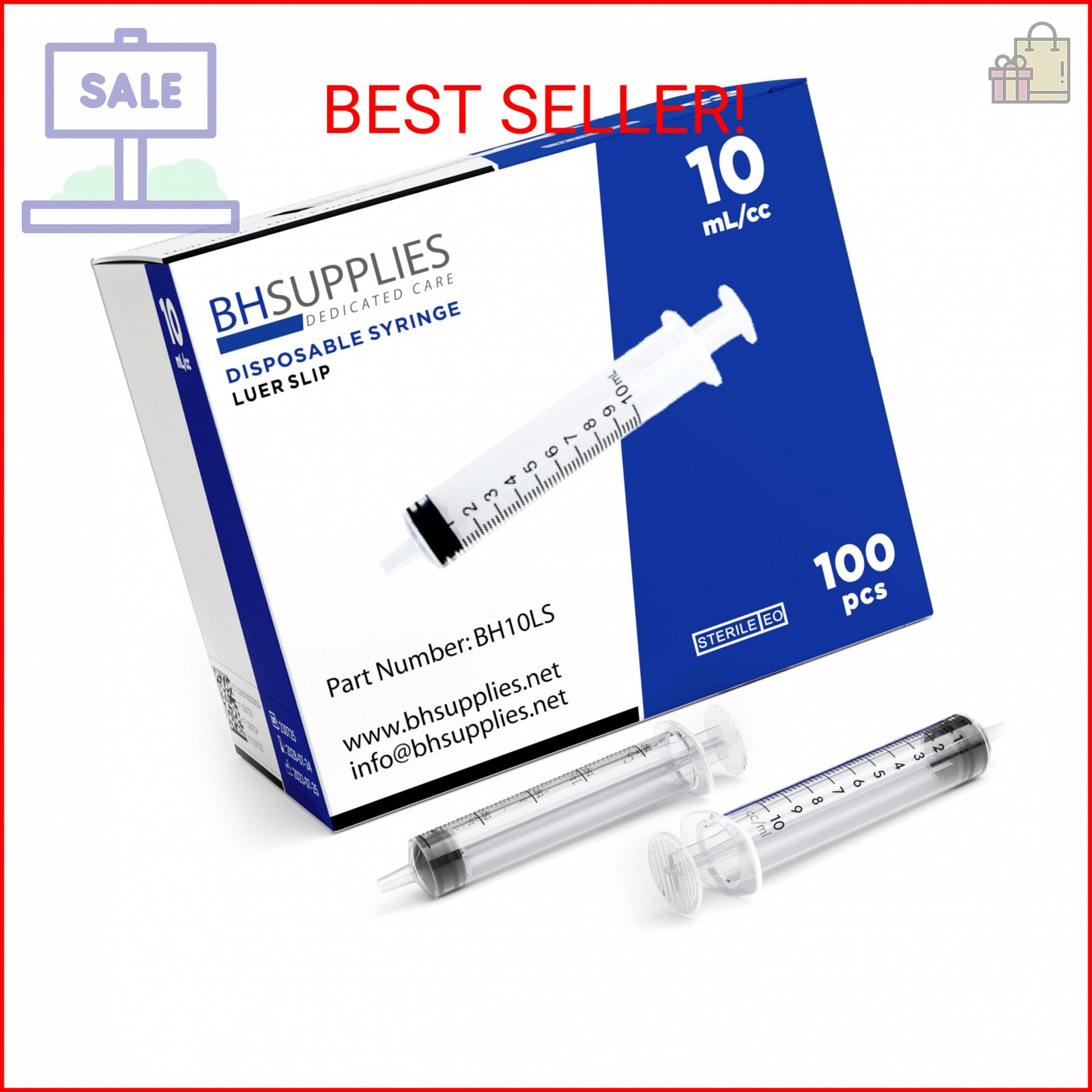 BH Supplies 10ml Luer Slip Tip Syringes (No Needle) – Sterile, Individually Wrap