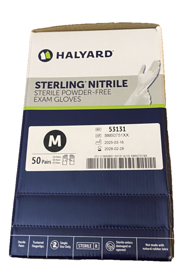 *50-Pairs* Halyard Sterling Nitrile Powder-Free Exam Gloves Sterile Medium 53131