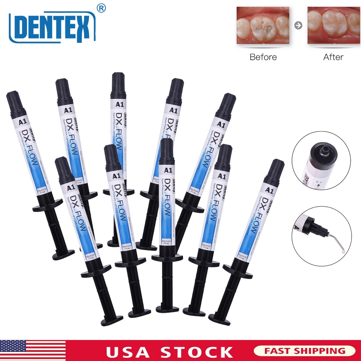 10X Dental Flowable Light Cure Composite Resin A1 Shade Medium Flow 3g/Syringe