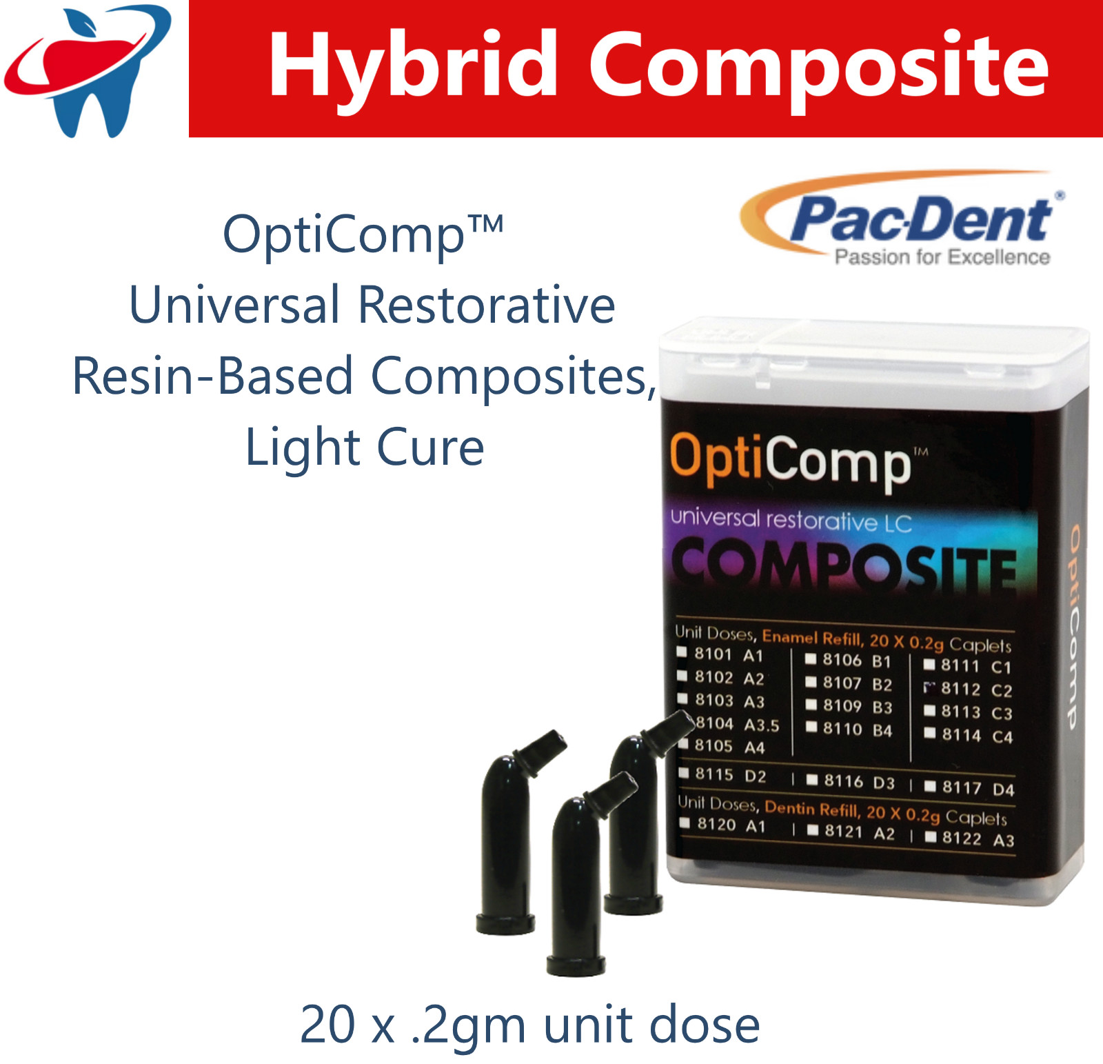 Dental PacDent OptiComp Universal Restorative Resin Hybrid Composite, Unidose