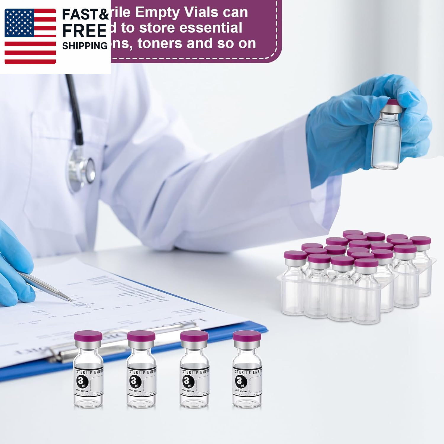 20 Pcs 3Ml Sealed Sterile Empty Vials with Self Healing Injection Port Glass Pe
