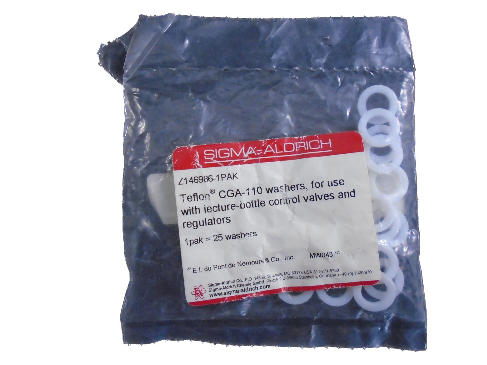 SIGMA ALDRICH PTFE Teflon CGA Inlet 110 Sealing Washers Z146986 25/Pk