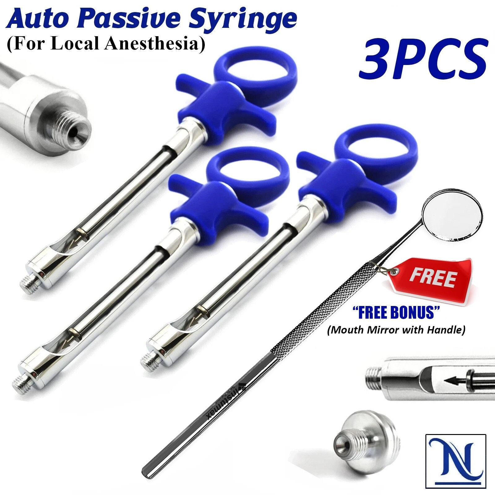 3Pcs Auto Passive Syringes Capsule Aspirating Dental Local Anesthesia + Mirror