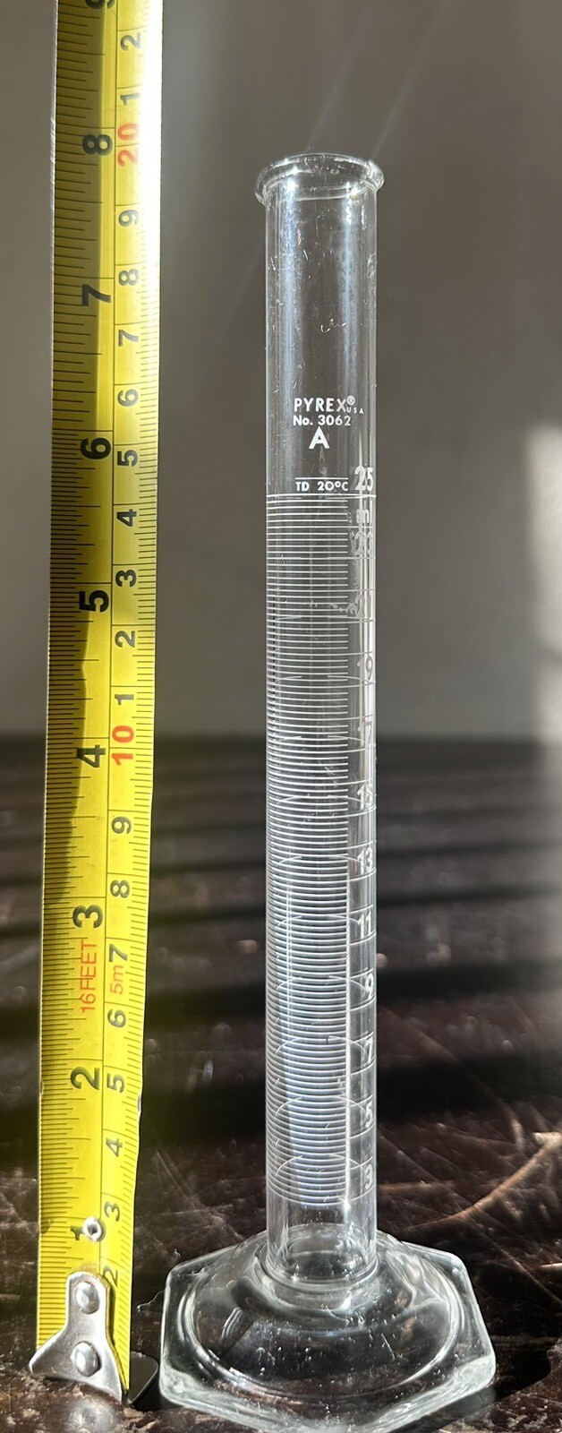 Pyrex® 3062 A 1938 Single Metric Scale 25ml Glass Graduated Cylinder Certified