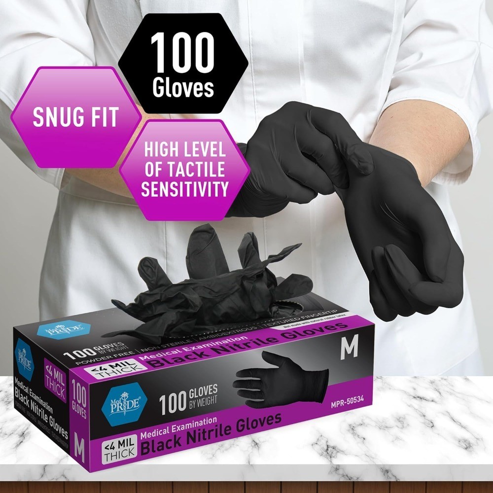 Disposable Black Nitrile Gloves Medium 100 Count Powder Free 4 Mil Thick Latex