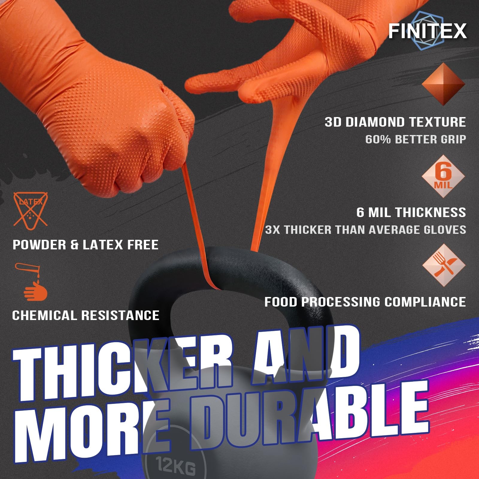 Industrial Diamond Texture Nitrile Orange Glove – 1000PCS Resistant 6.3mil Me…