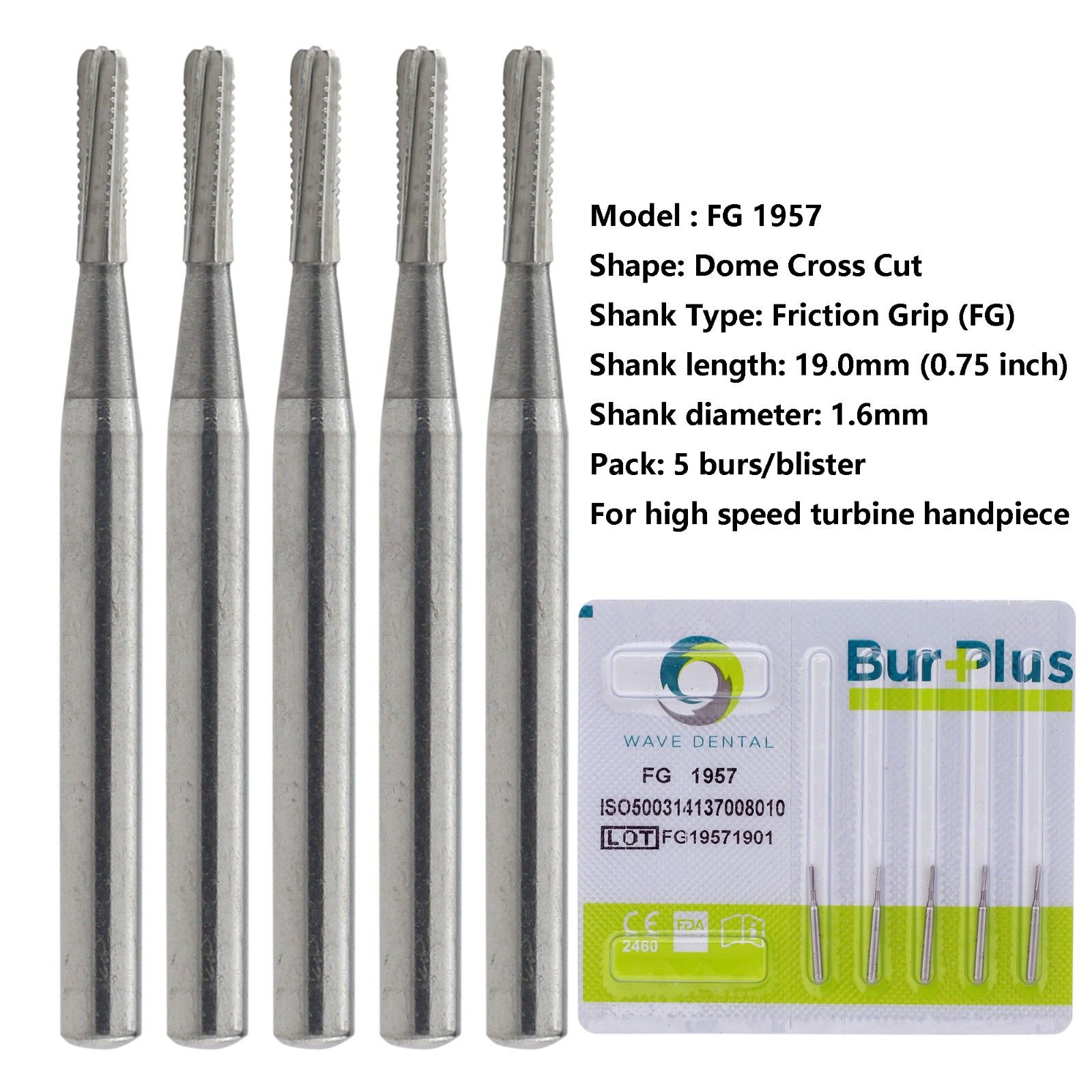 Wave Dental Carbide Burs High Speed FG 1957 1958 Crown Metal Cutter 19mm Midwest